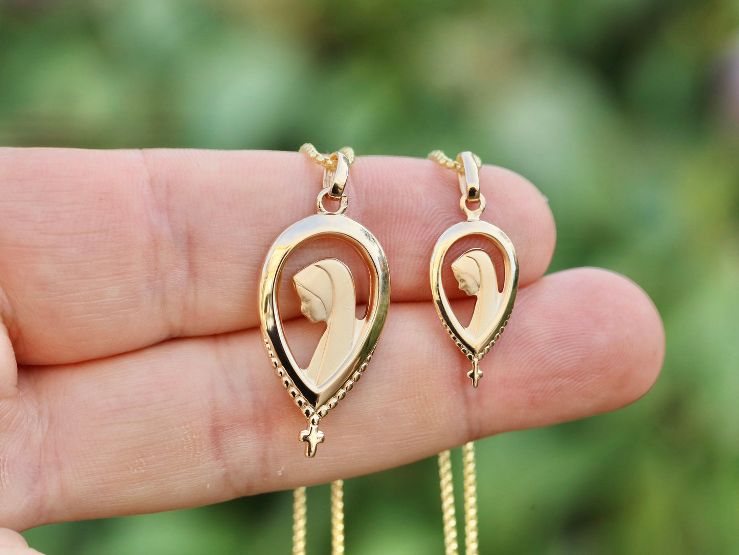 Art Nouveau Virgin Mary Medal in Sterling Silver with 24kt Gold Plating - Profile Image & Rosary Cross Design, Our lady of Lourdes medal