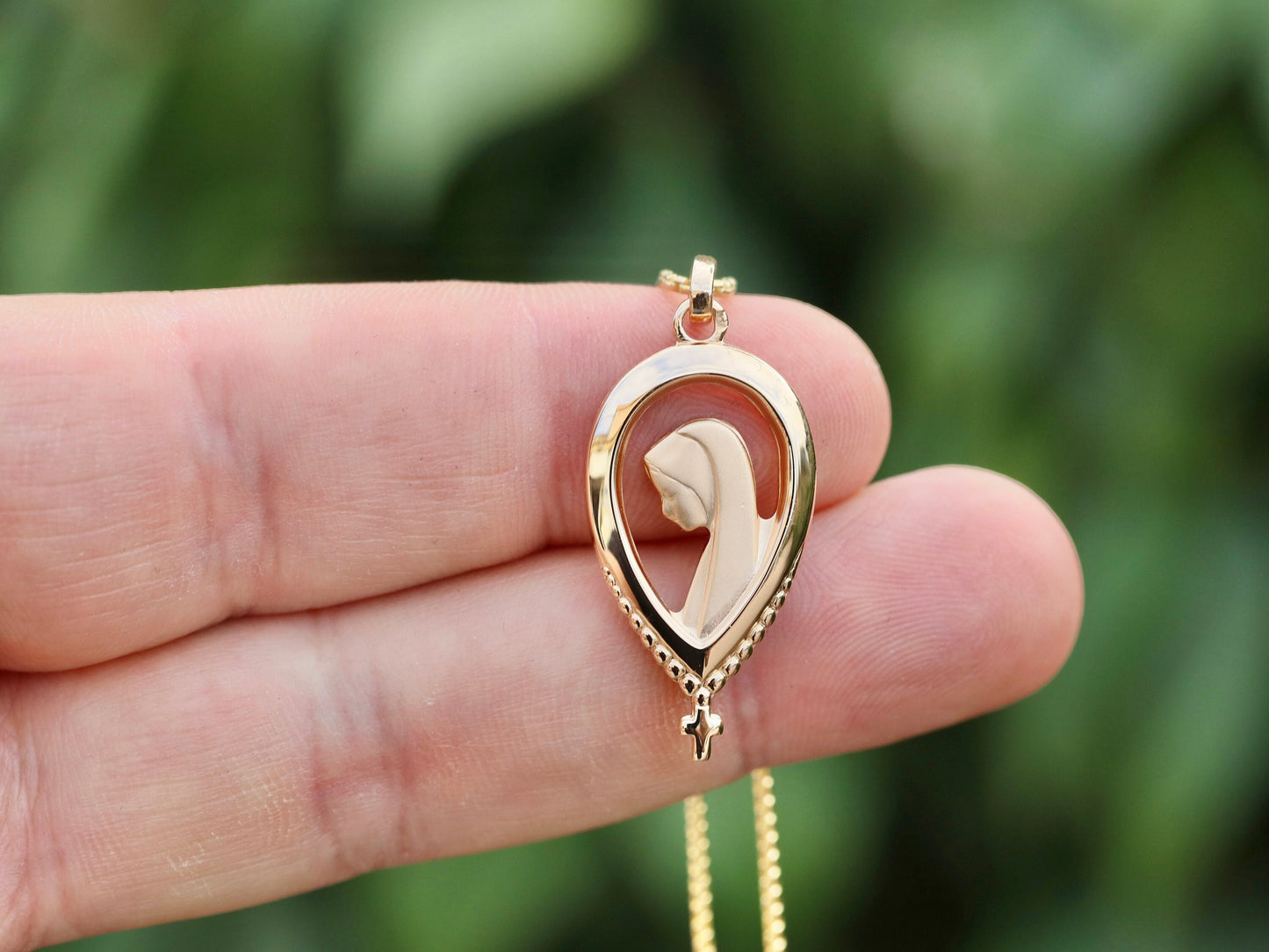 Art Nouveau Virgin Mary Medal in Sterling Silver with 24kt Gold Plating - Profile Image & Rosary Cross Design, Our lady of Lourdes medal