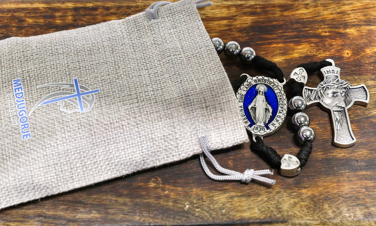 Rosario de piedra de hematita duradero en cuerda de Paracord - Gran Santísimo Rostro de Jesús - Medalla Milagrosa Azul - Fe y Protección