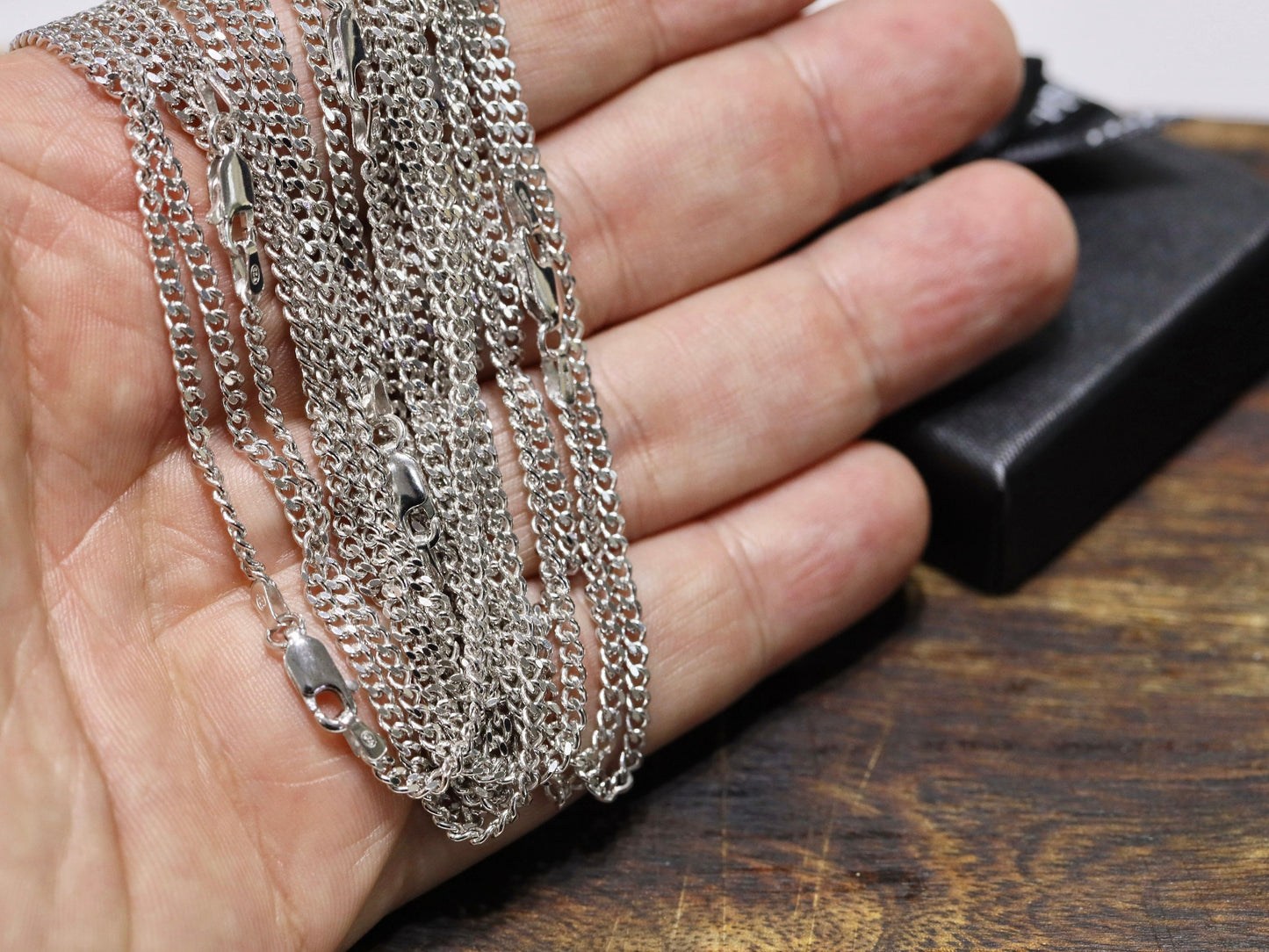 Cadena chapada en rodio con corte de diamante brillante y cierre de langosta: cadena Panzer resistente para colgantes religiosos, tamaños de 18 a 23,5 pulgadas