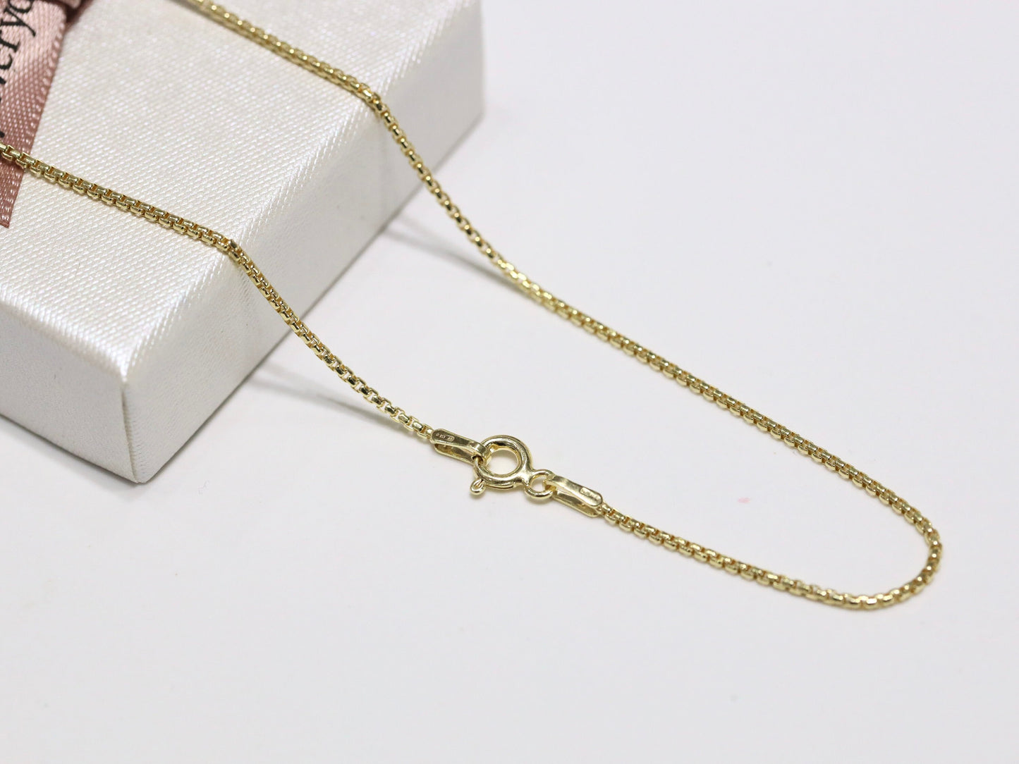 Cadena de caja redonda de plata de ley 925, cadena veneciana para mujer bañada en oro de 18 kt, collar de cadena de caja lisa, cadena redonda con anilla de resorte