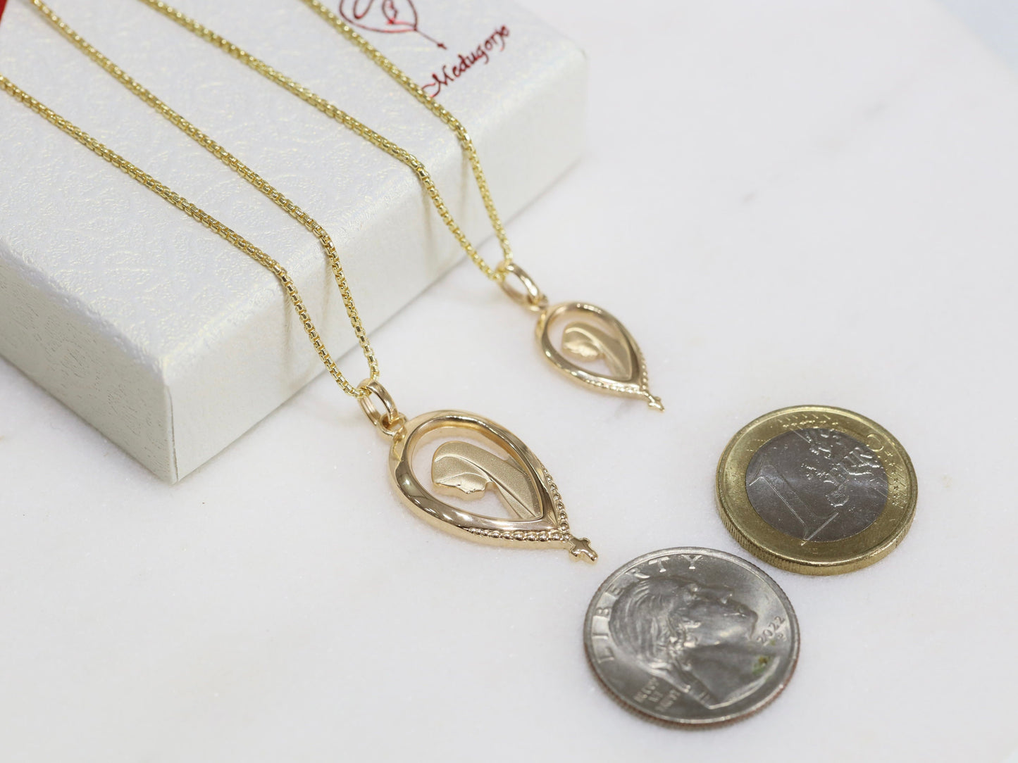 Art Nouveau Virgin Mary Medal in Sterling Silver with 24kt Gold Plating - Profile Image & Rosary Cross Design, Our lady of Lourdes medal