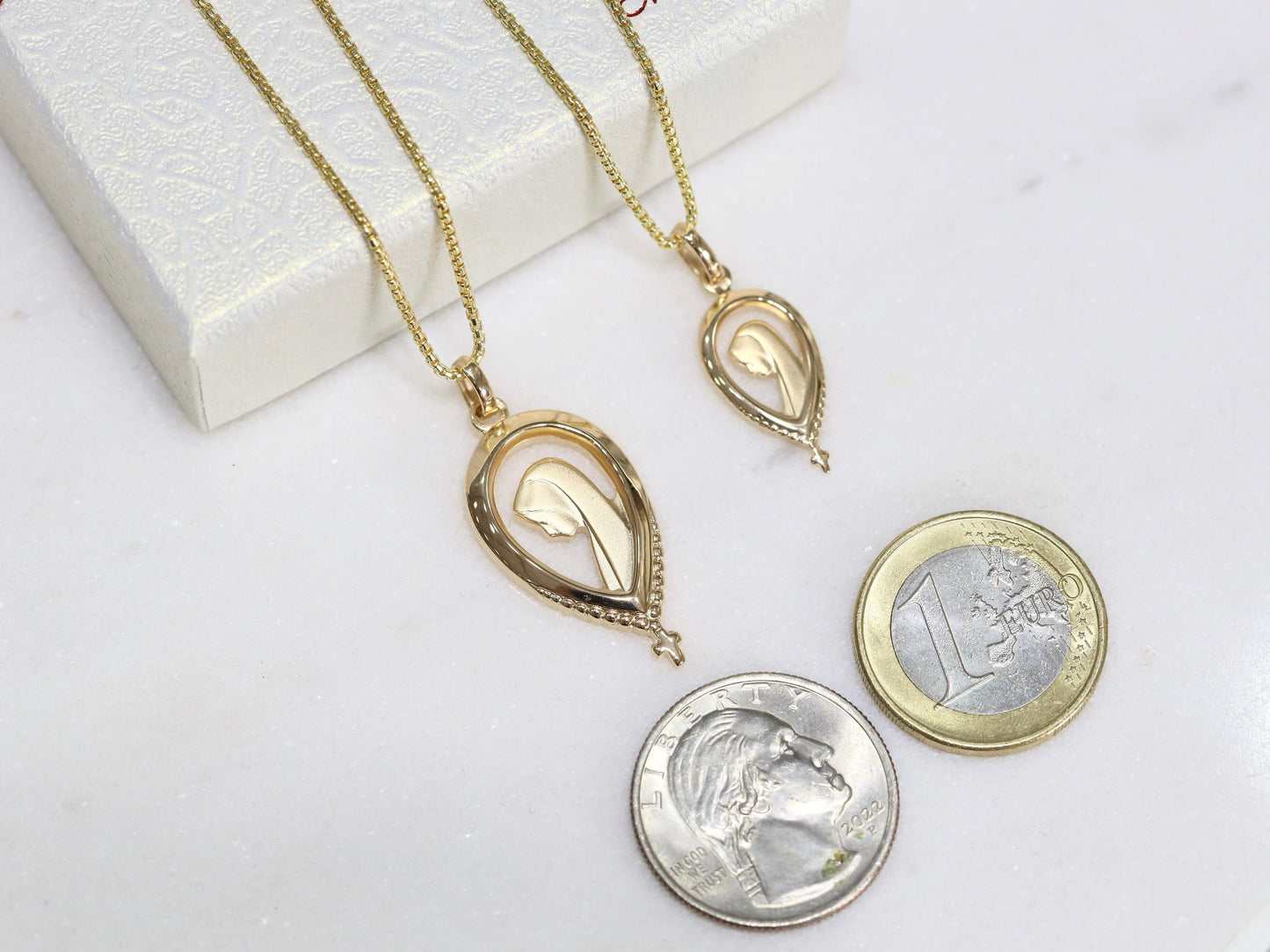 Art Nouveau Virgin Mary Medal in Sterling Silver with 24kt Gold Plating - Profile Image & Rosary Cross Design, Our lady of Lourdes medal
