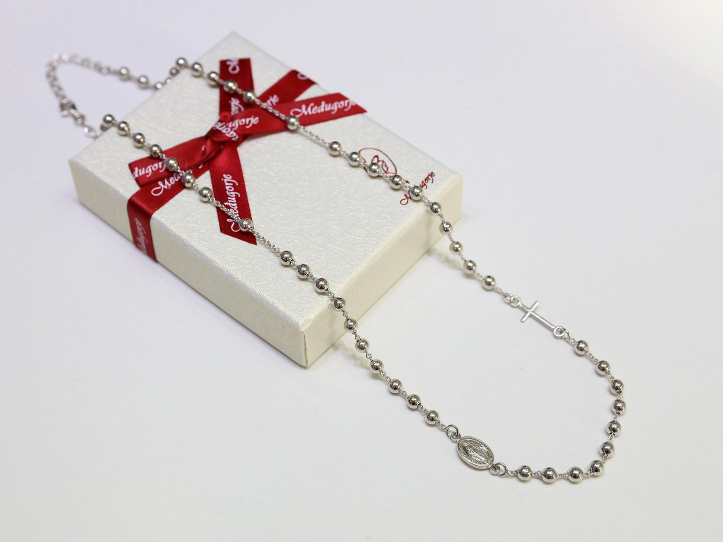 Collar de rosario de plata de ley maciza de 18 pulgadas, collar de cuentas de 4 mm con cruz y Medalla Milagrosa, collar resistente para mujeres católicas