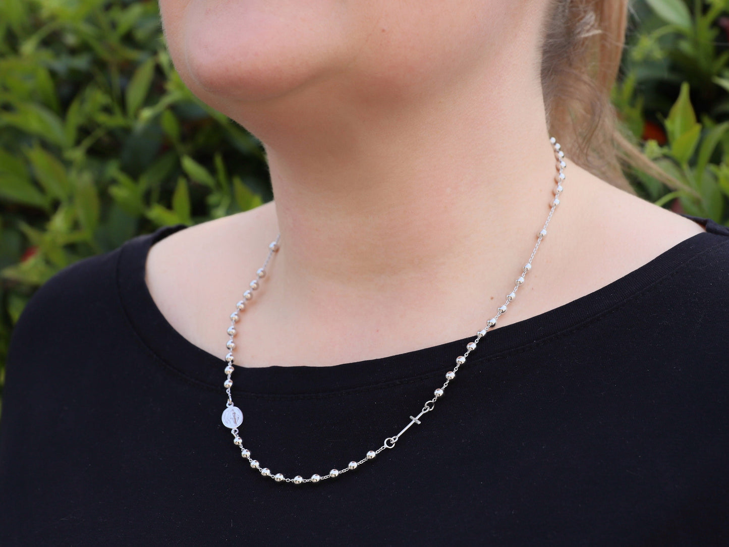 Collar de rosario de plata de ley maciza de 18 pulgadas, collar de cuentas de 4 mm con cruz y Medalla Milagrosa, collar resistente para mujeres católicas