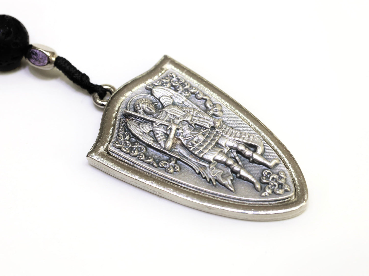 Rosario Católico de Bolsillo de Piedra de Lava con Medalla de San Miguel y Jesús - Cuentas de 10 mm