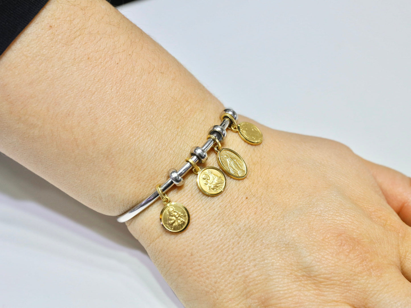 Brazalete colgante de plata de ley 925 con santos católicos y medallas milagrosas de San Benito, Escapulario, San José, 11 mm y 14 x 10 mm