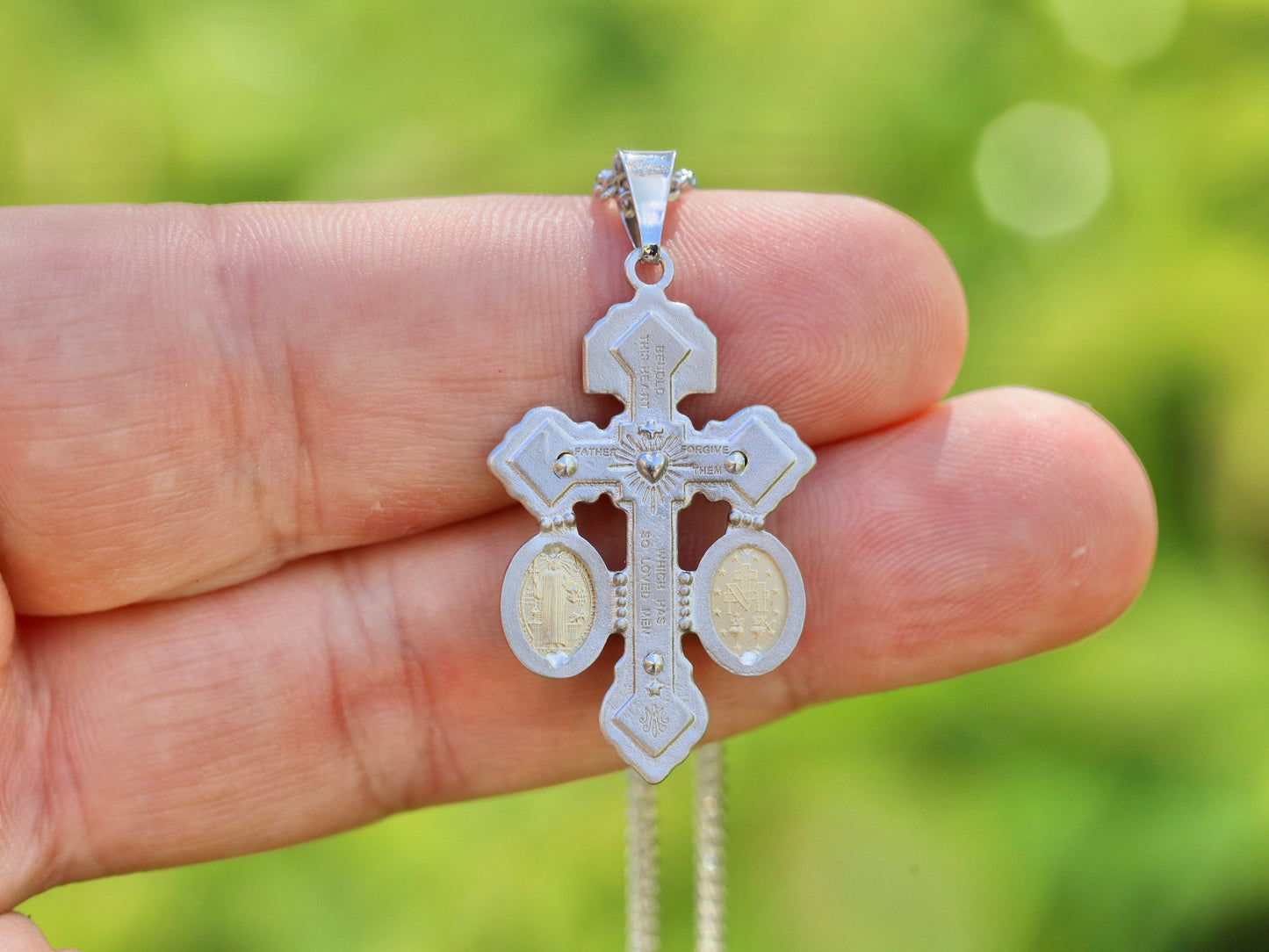 Dainty Pardon crucifix, sterling silver 925 pardon cross, pure 925 silver crucifix with Miraculous Medal and St Benedict medal, small cross