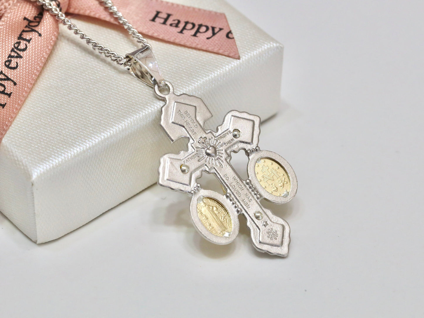 Dainty Pardon crucifix, sterling silver 925 pardon cross, pure 925 silver crucifix with Miraculous Medal and St Benedict medal, small cross