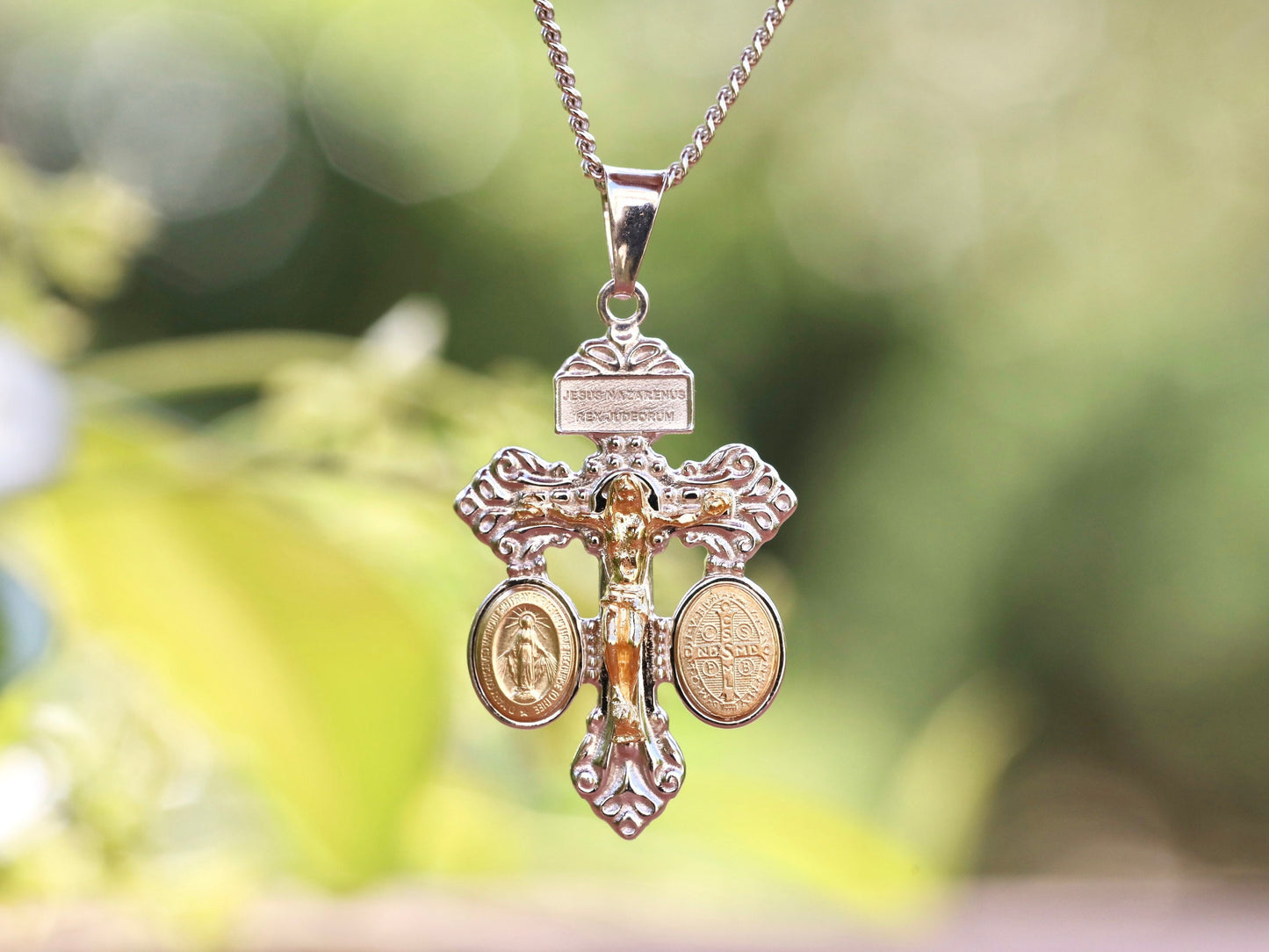 Dainty Pardon crucifix, sterling silver 925 pardon cross, pure 925 silver crucifix with Miraculous Medal and St Benedict medal, small cross