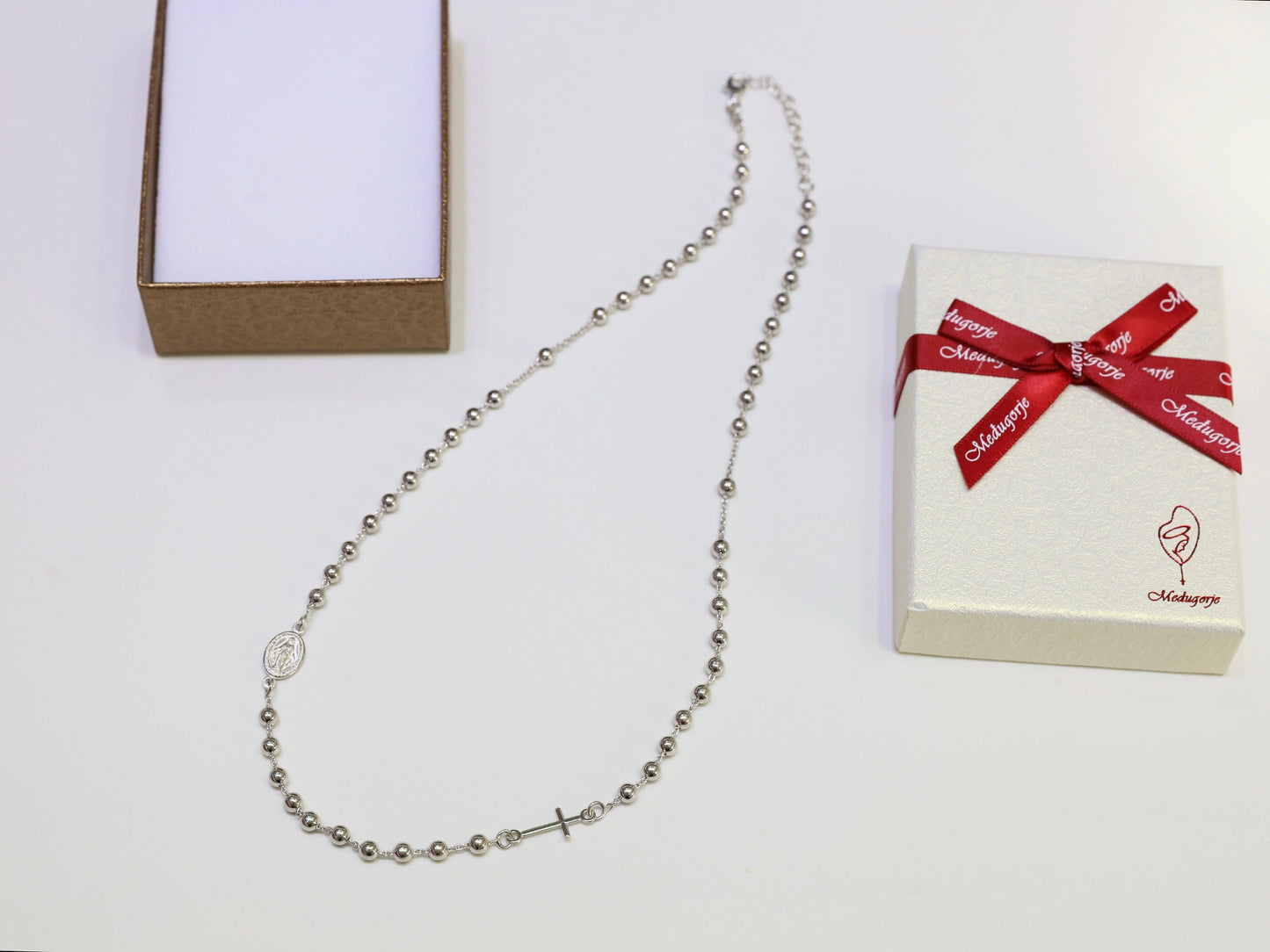 Collar de rosario de plata de ley maciza de 18 pulgadas, collar de cuentas de 4 mm con cruz y Medalla Milagrosa, collar resistente para mujeres católicas