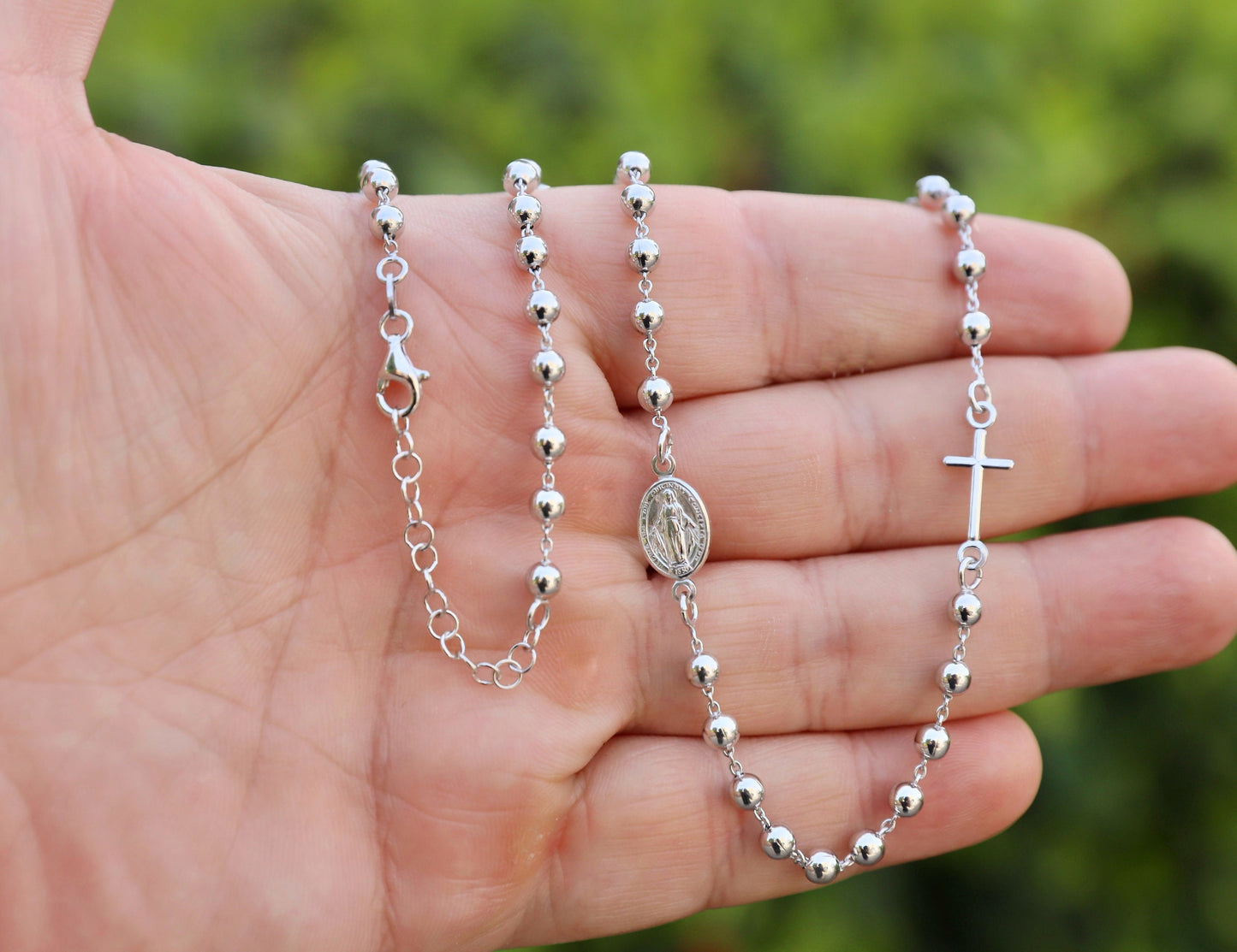 Collar de rosario de plata de ley maciza de 18 pulgadas, collar de cuentas de 4 mm con cruz y Medalla Milagrosa, collar resistente para mujeres católicas