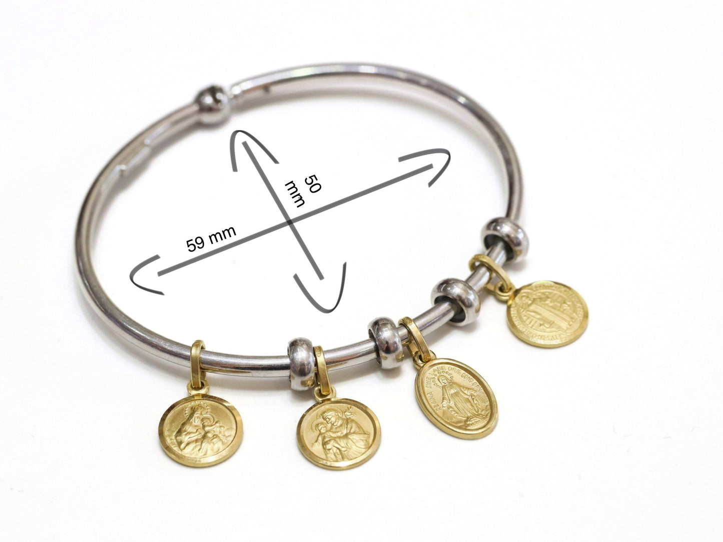 Brazalete colgante de plata de ley 925 con santos católicos y medallas milagrosas de San Benito, Escapulario, San José, 11 mm y 14 x 10 mm