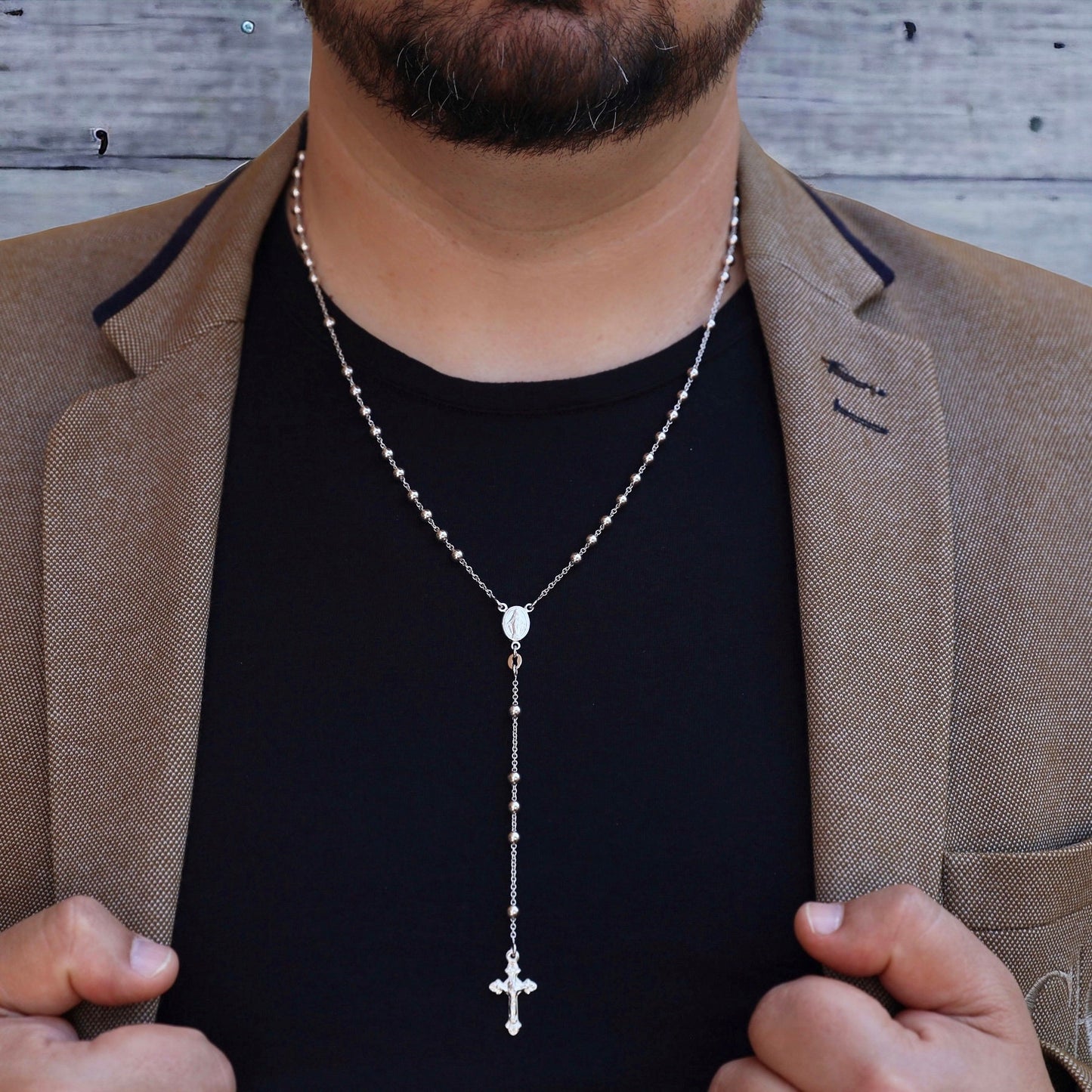 Rosario para hombre plata de ley 925, rosario tamaño mediano con Medalla Milagrosa, pieza collar 55 cm 21,5 pulgadas, collar para hombre católico