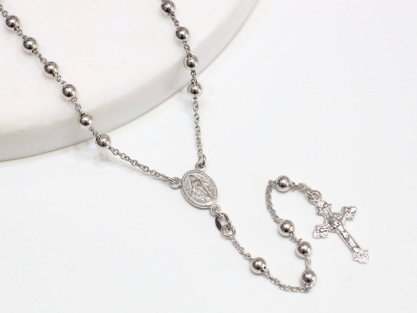 Rosario para hombre plata de ley 925, rosario tamaño mediano con Medalla Milagrosa, pieza collar 55 cm 21,5 pulgadas, collar para hombre católico