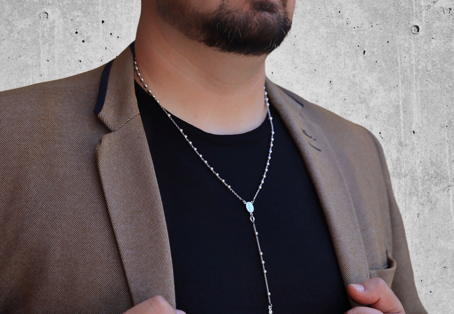 Rosario para hombre plata de ley 925, rosario tamaño mediano con Medalla Milagrosa, pieza collar 55 cm 21,5 pulgadas, collar para hombre católico