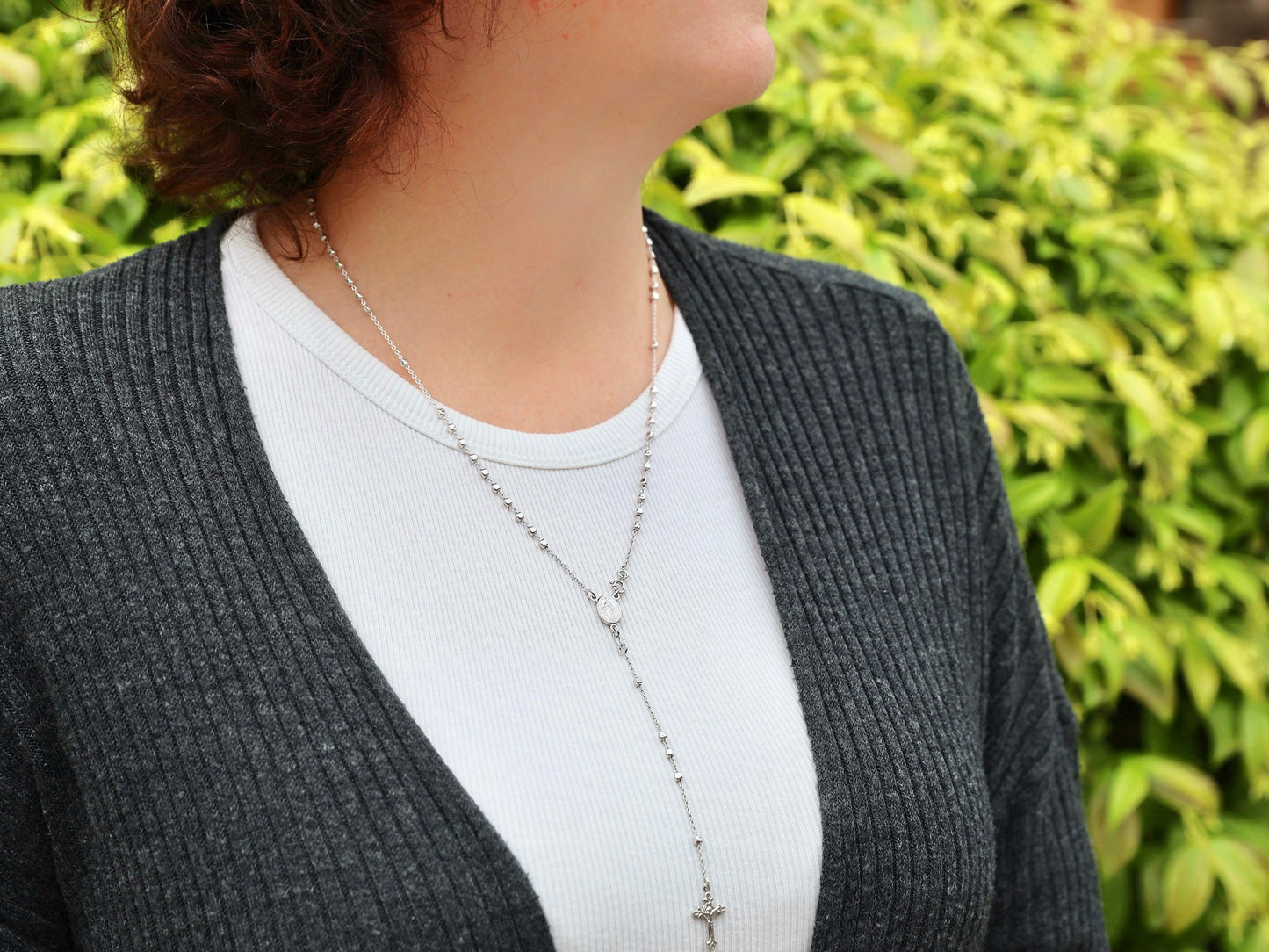 Rosario de plata de ley 925 para mujer, collar de rosario de 20 pulgadas/ 51 cm, rosario de medalla milagrosa para mujer católica, rosario de cuentas cuadradas