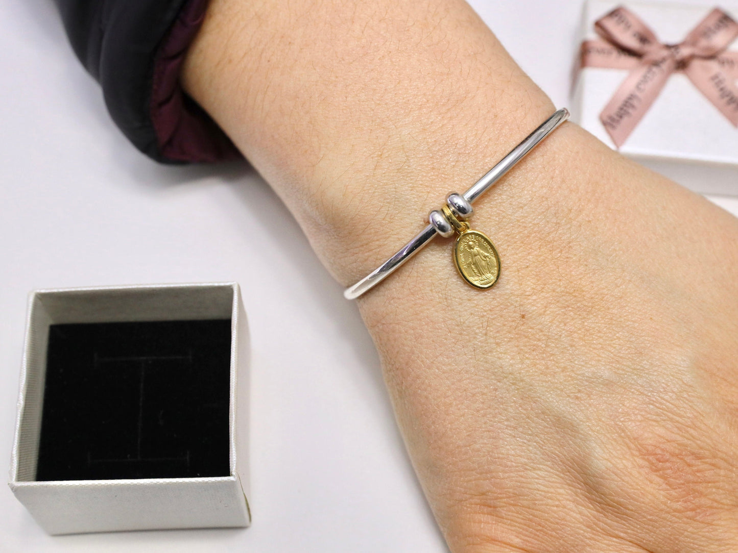Pulsera de plata de ley con medalla milagrosa - Regalo ideal para mujeres - Pulsera de plata maciza chapada en rodio, resistente al deslustre
