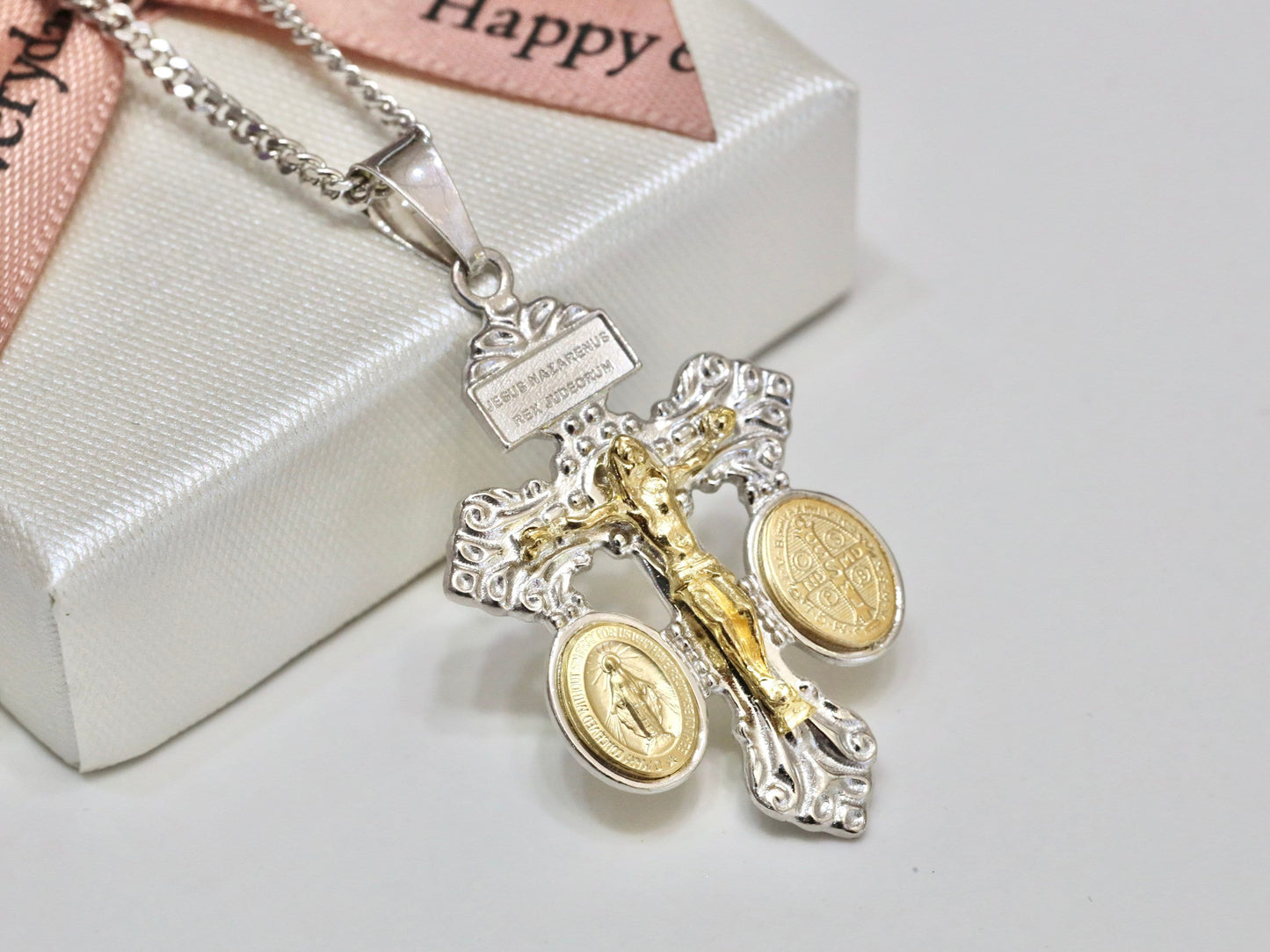 Dainty Pardon crucifix, sterling silver 925 pardon cross, pure 925 silver crucifix with Miraculous Medal and St Benedict medal, small cross