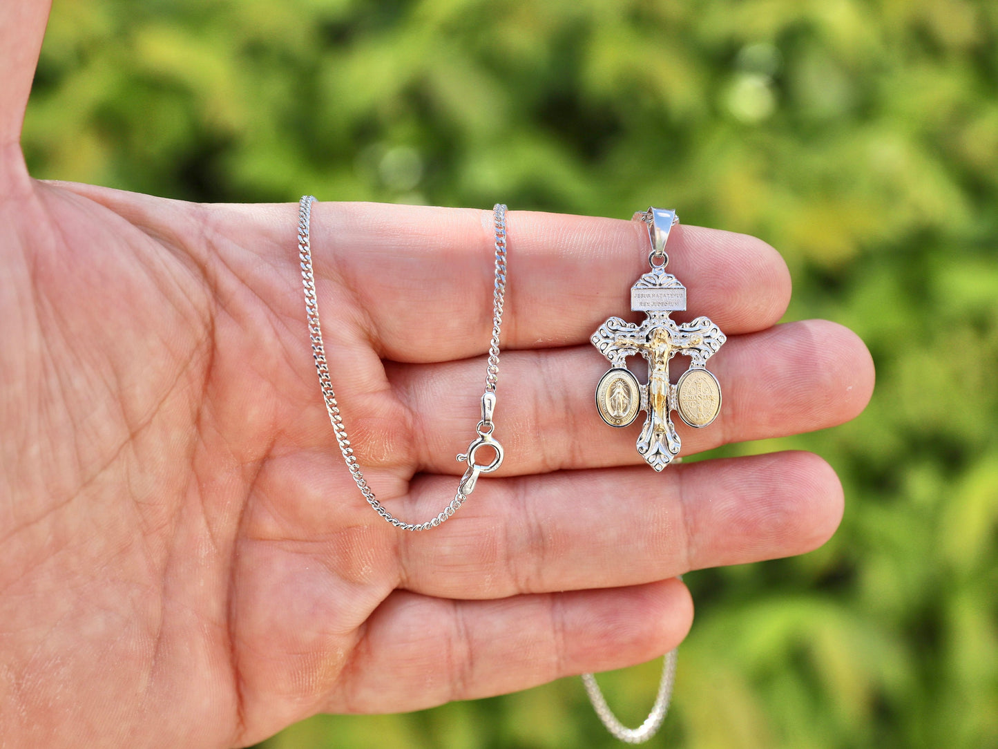 Dainty Pardon crucifix, sterling silver 925 pardon cross, pure 925 silver crucifix with Miraculous Medal and St Benedict medal, small cross