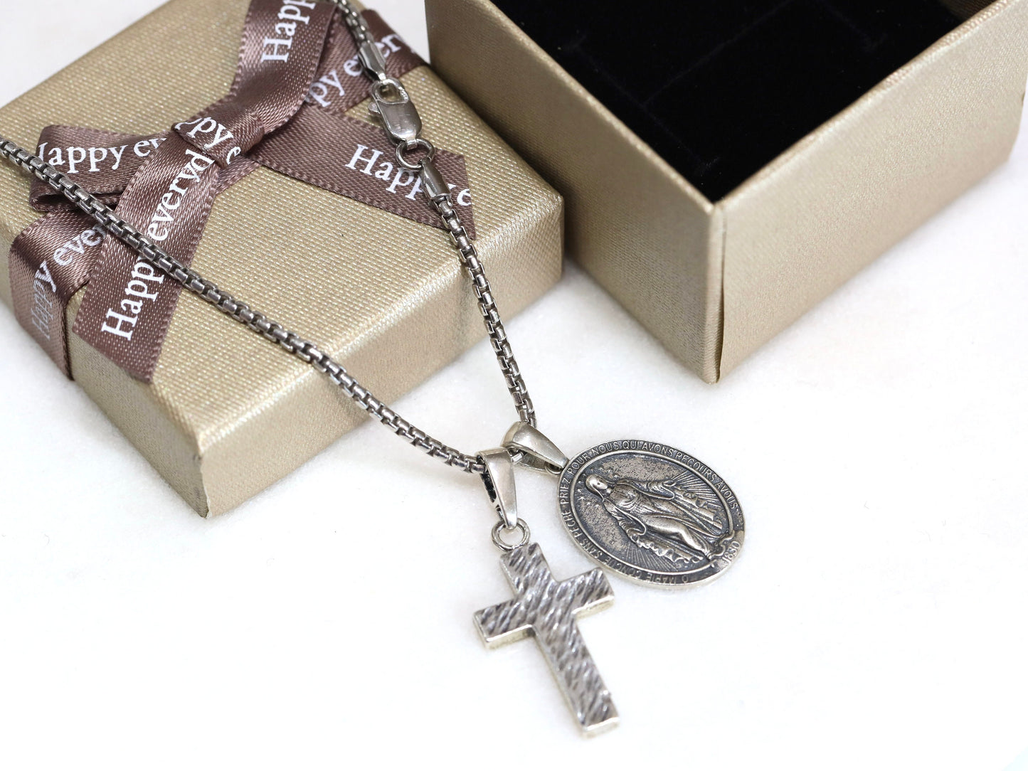 Colgante de medalla milagrosa de plata de ley para hombre con cruz (plata oxidada para un aspecto antiguo): la cadena es opcional