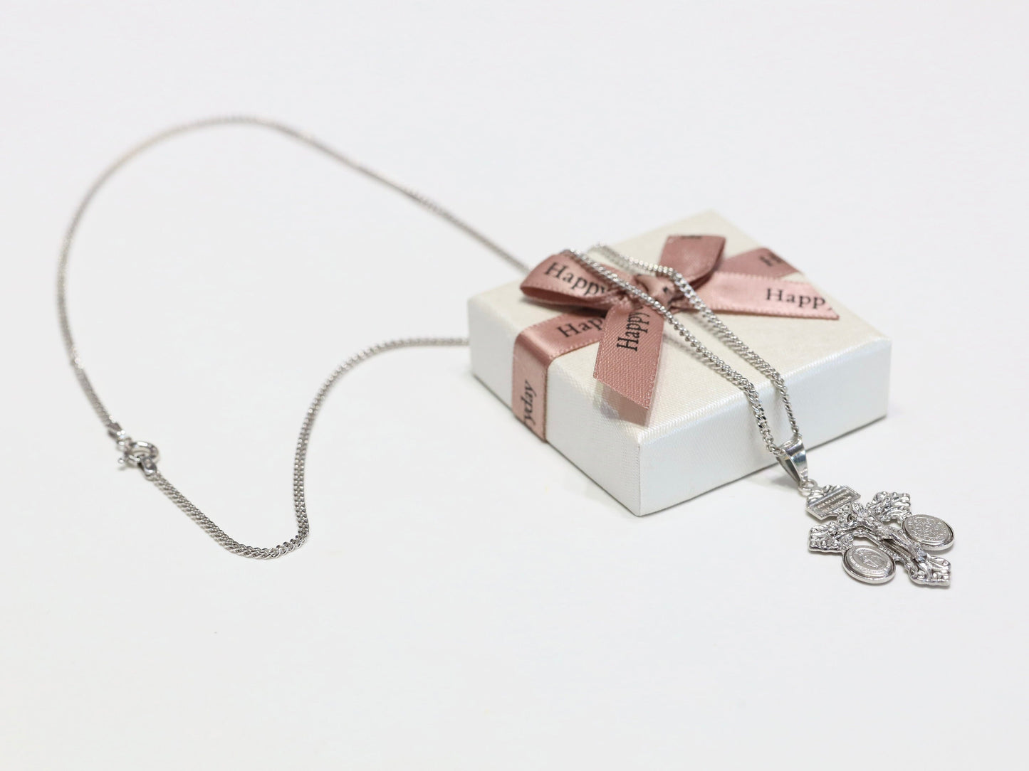 Crucifijo del Perdón de Plata de Ley 925 con Medalla Milagrosa y San Benito - Crucifijo del Perdón pequeño y delicado para mujer católica 34 x 21 mm