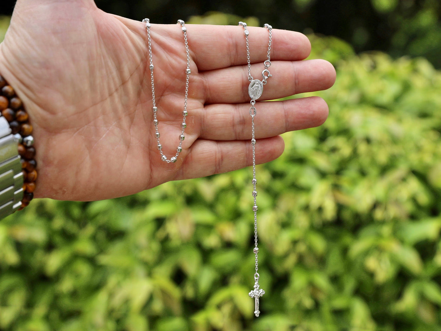 Rosario de plata de ley 925 para mujer, collar de rosario de 20 pulgadas/ 51 cm, rosario de medalla milagrosa para mujer católica, rosario de cuentas cuadradas