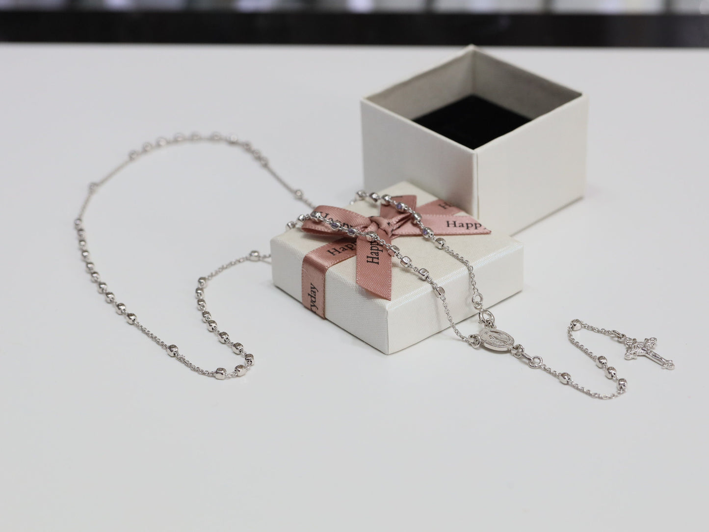 Rosario de plata de ley 925 para mujer, collar de rosario de 20 pulgadas/ 51 cm, rosario de medalla milagrosa para mujer católica, rosario de cuentas cuadradas