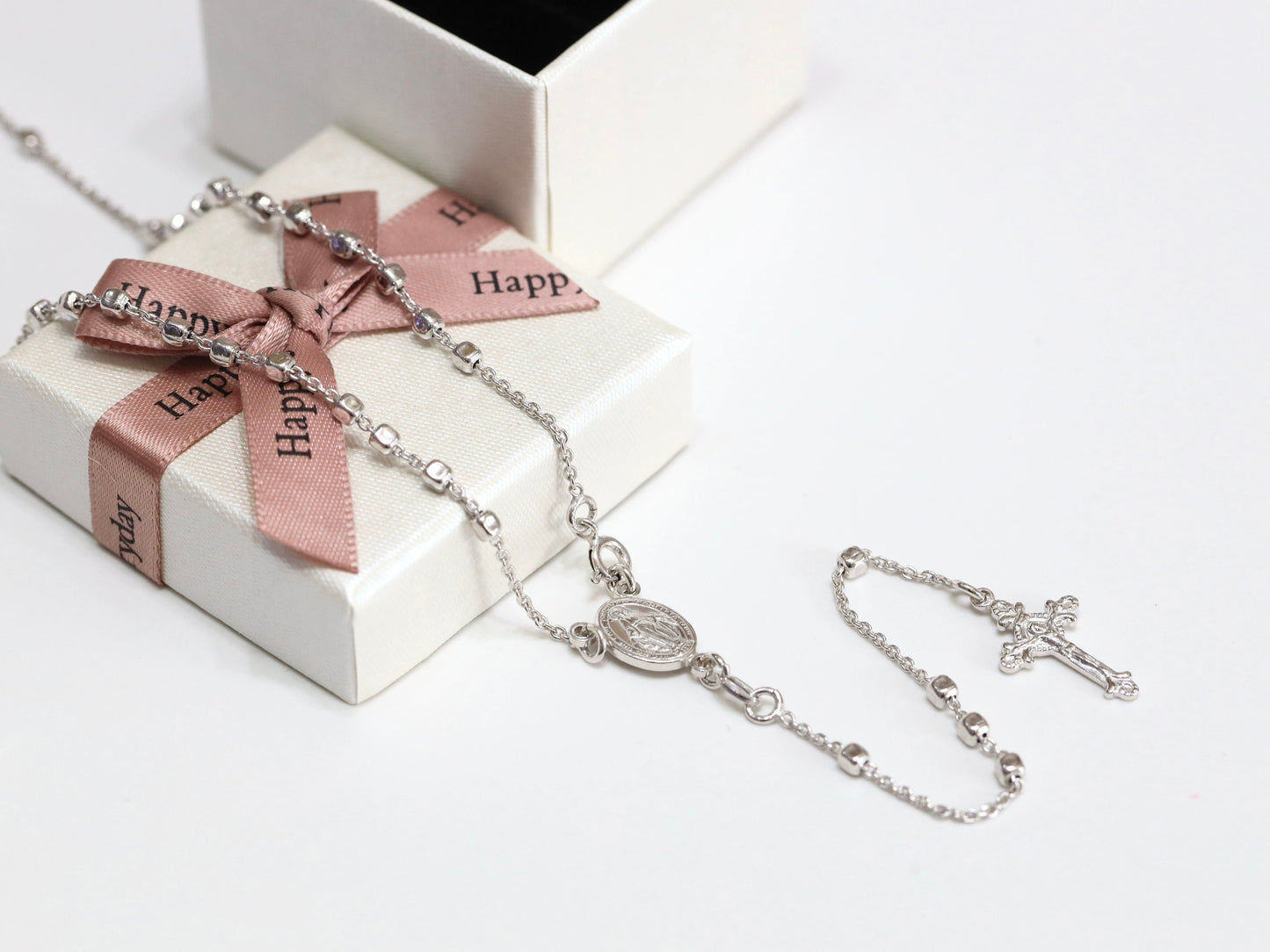 Rosario de plata de ley 925 para mujer, collar de rosario de 20 pulgadas/ 51 cm, rosario de medalla milagrosa para mujer católica, rosario de cuentas cuadradas