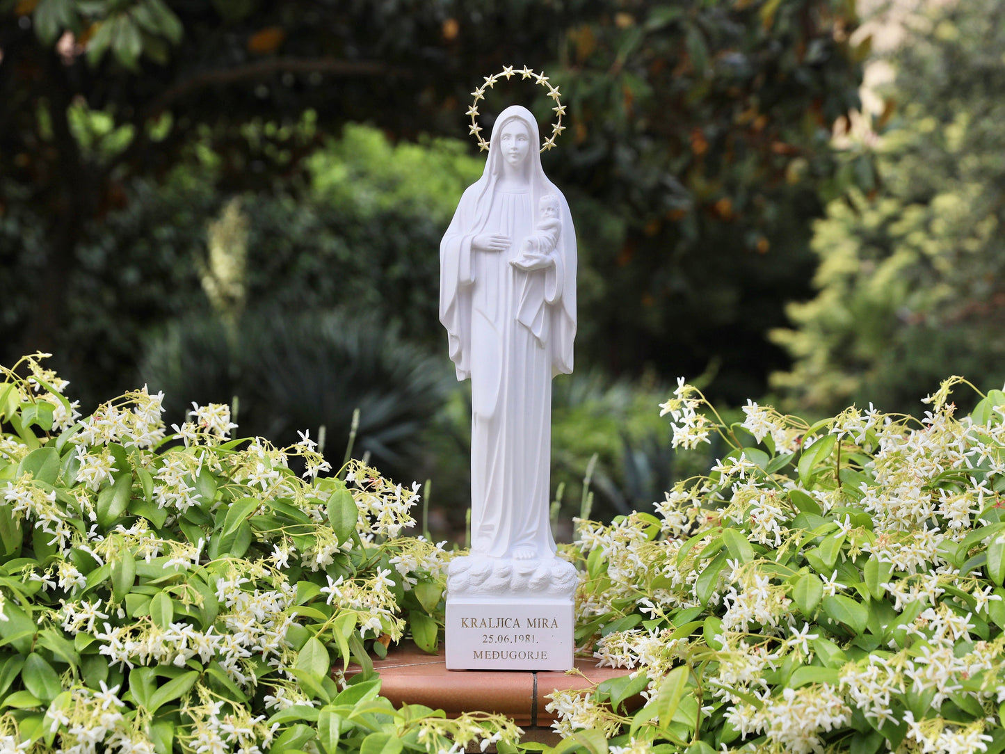Estatua moderna de Nuestra Señora de Medjugorje (Reina de la Paz) - Descripción de polvo de mármol macizo de 50 cm (20 pulgadas) (envíe el número de teléfono para la entrega)