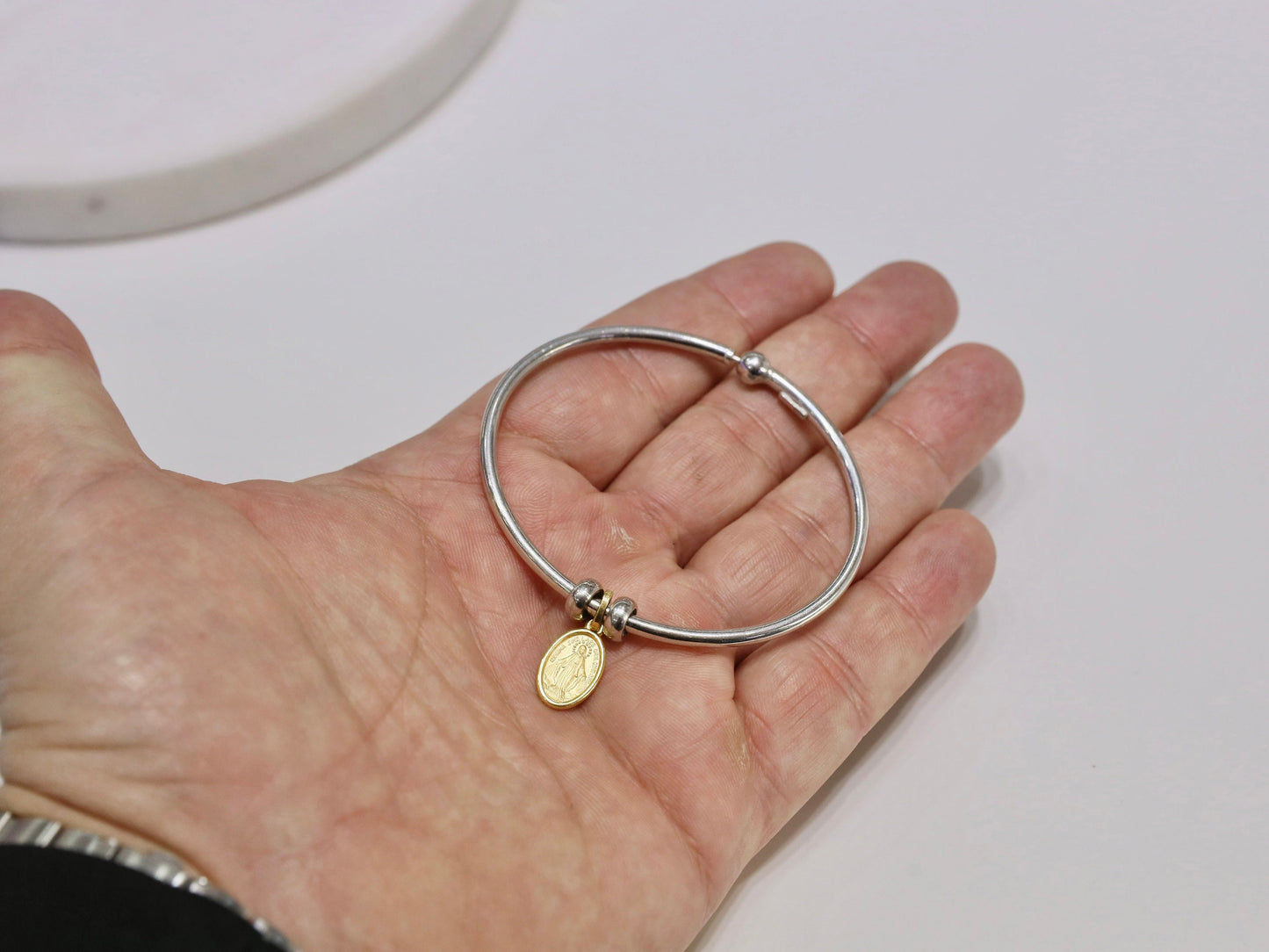 Pulsera de plata de ley con medalla milagrosa - Regalo ideal para mujeres - Pulsera de plata maciza chapada en rodio, resistente al deslustre