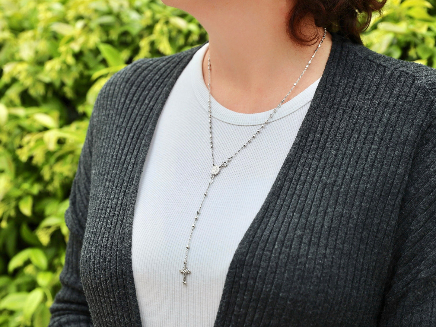 Rosario de plata de ley 925 para mujer, collar de rosario de 20 pulgadas/ 51 cm, rosario de medalla milagrosa para mujer católica, rosario de cuentas cuadradas