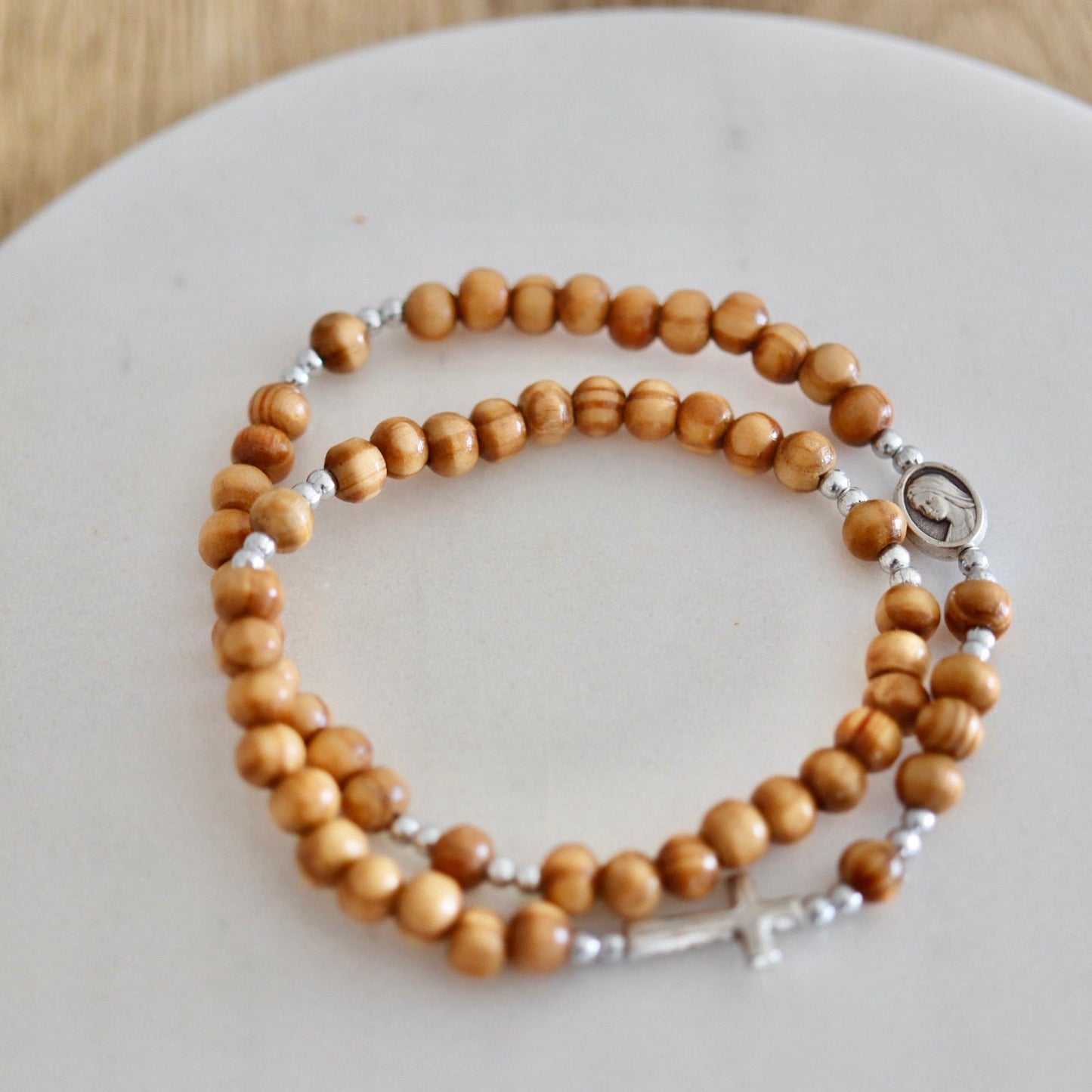Pulsera rosario hecha a mano, rosario de muñeca, rosario de madera de olivo, pulsera rosario, rosario elástico, rosario ajustable, rosario hombre estirable