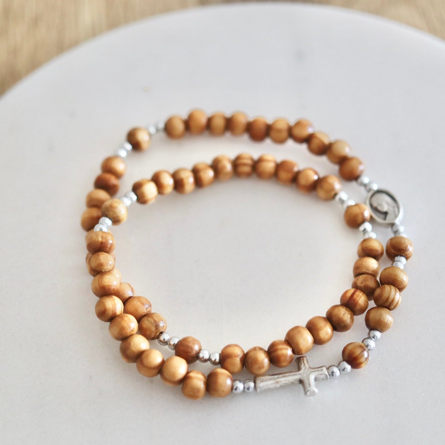 Pulsera rosario hecha a mano, rosario de muñeca, rosario de madera de olivo, pulsera rosario, rosario elástico, rosario ajustable, rosario hombre estirable