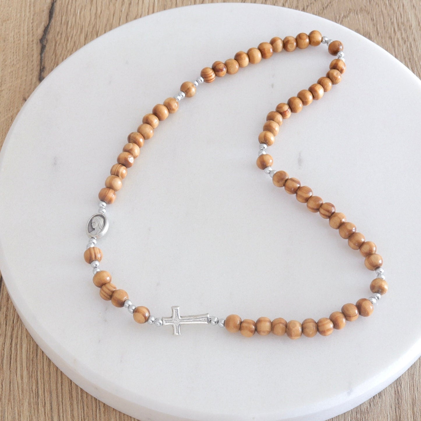 Pulsera rosario hecha a mano, rosario de muñeca, rosario de madera de olivo, pulsera rosario, rosario elástico, rosario ajustable, rosario hombre estirable