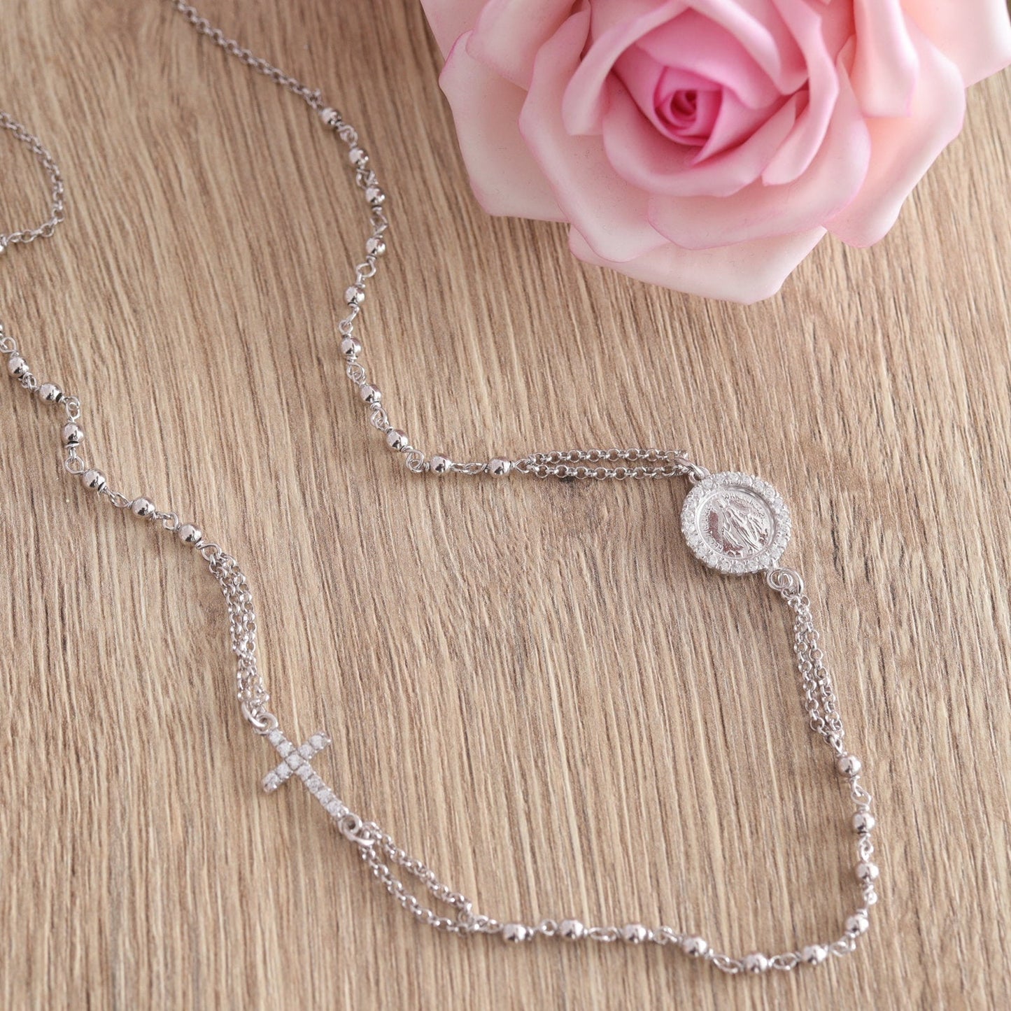 Collar rosario, plata de ley 925, medalla milagrosa y collar de cruz, collar delicado, rosario minimalista, collar regalo para adolescente