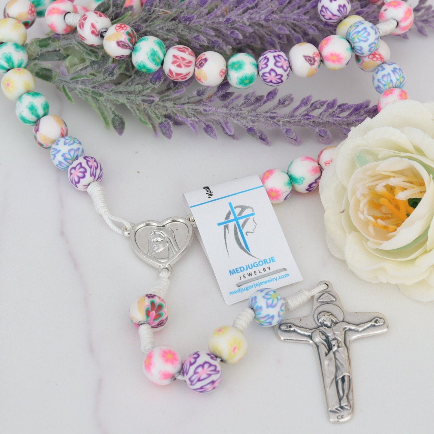 Cuentas de rosario Fimo de Medjugorje, rosario fimo hecho a mano con flores, rosario multicolor, rosario de arcilla fimo, cuentas de rosario con flores