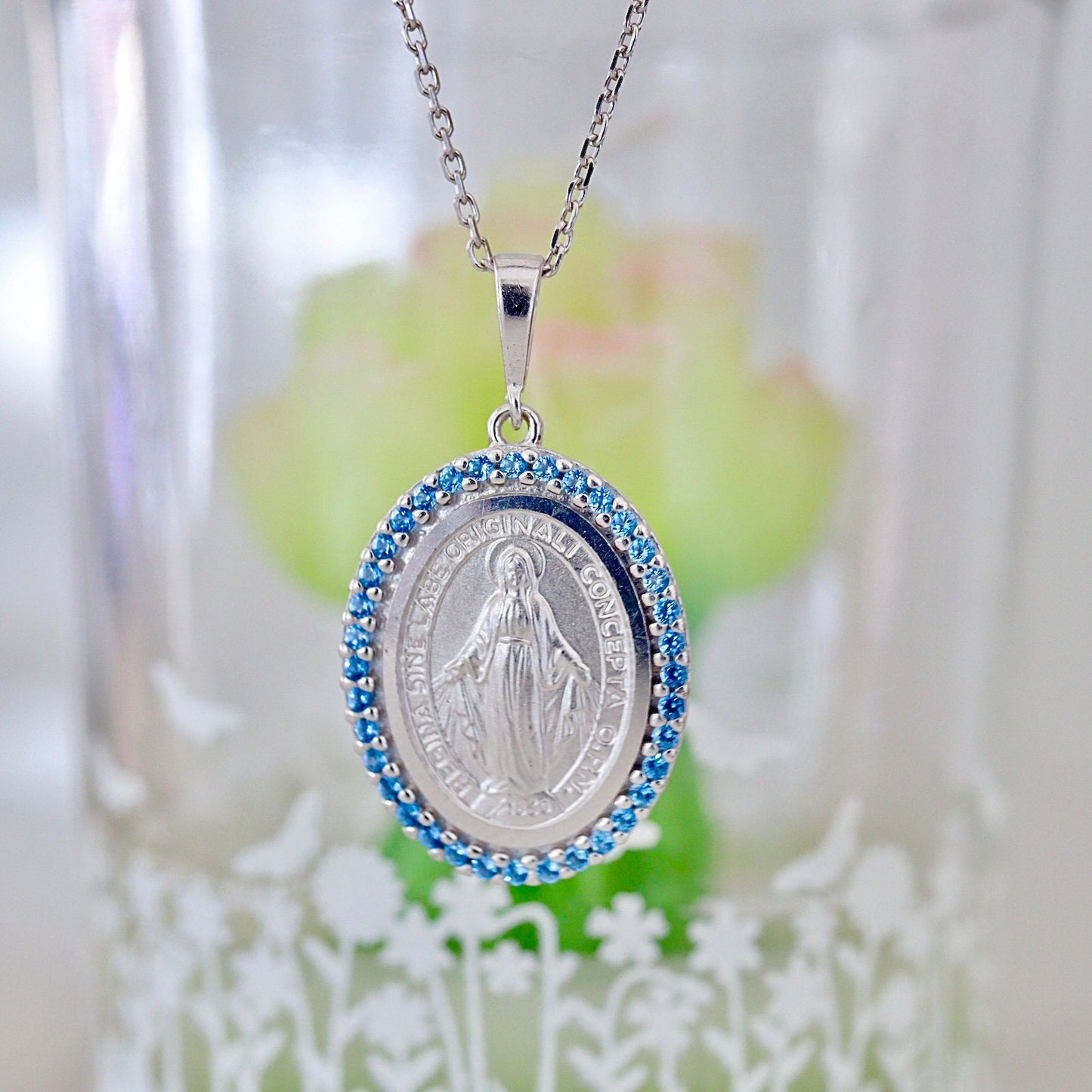 Medalla Milagrosa de plata de ley 925 con piedras, colgante Nuestra Señora de Gracia, collar Medjugorje, joyería fina collar Señora de Gracia
