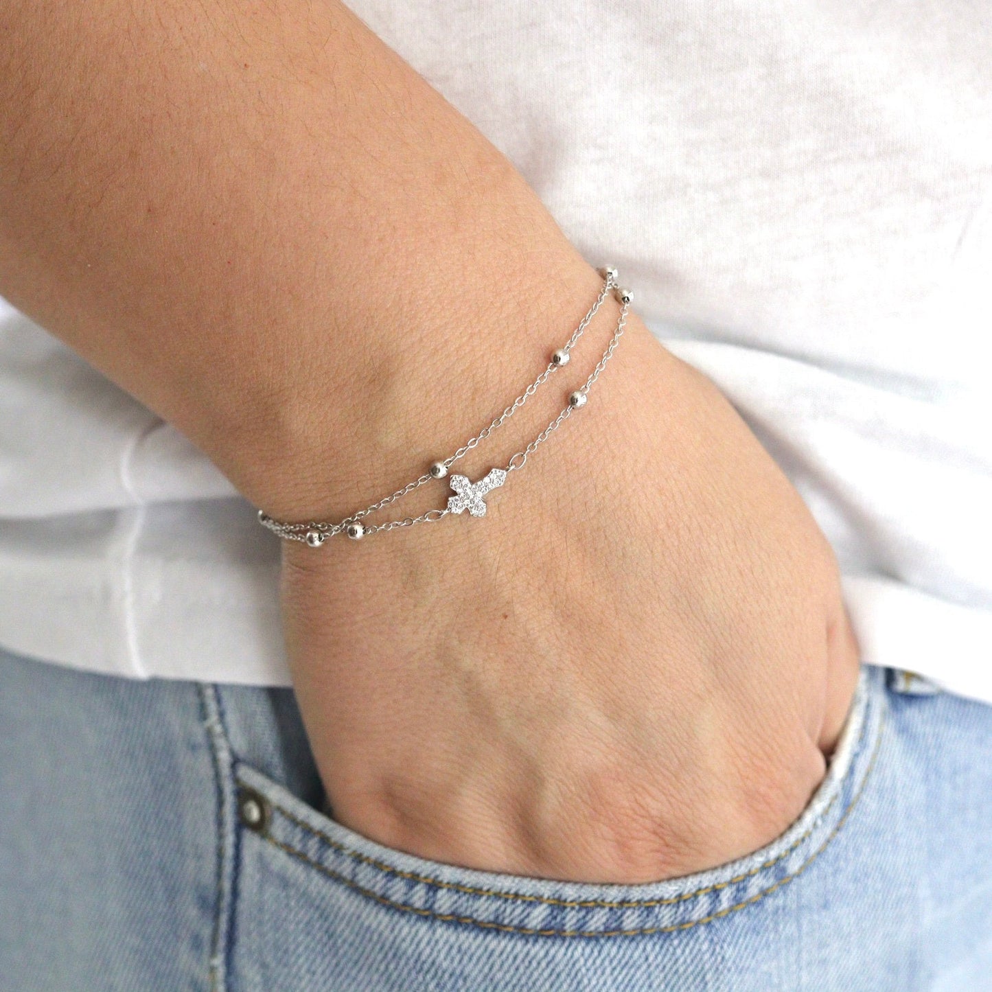 Pulsera con cruz pequeña |Cruz de plata de ley|Pulsera con cruz moderna |Pulsera con cruz de circonitas | pulsera cruzada de joyería