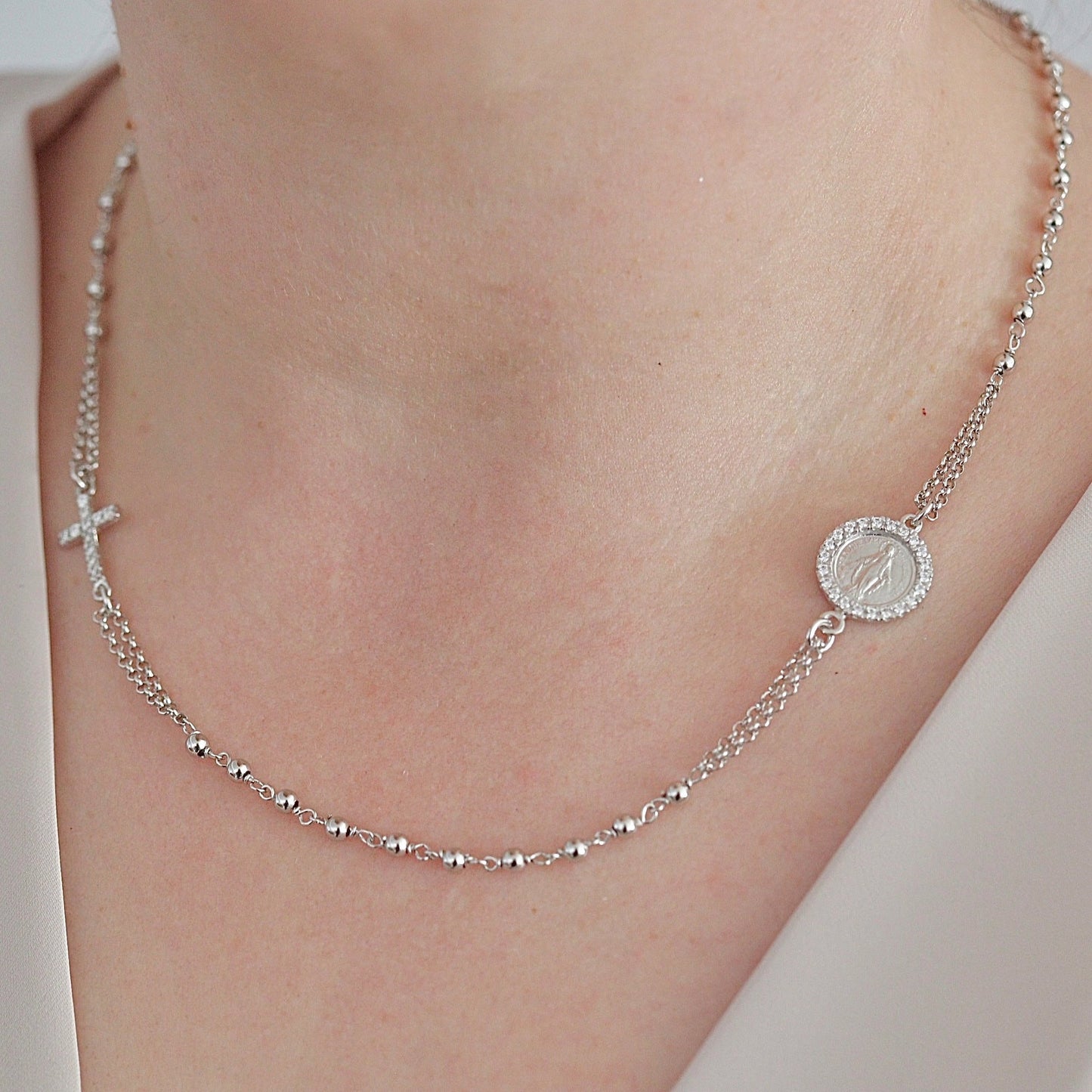 Collar rosario, plata de ley 925, medalla milagrosa y collar de cruz, collar delicado, rosario minimalista, collar regalo para adolescente
