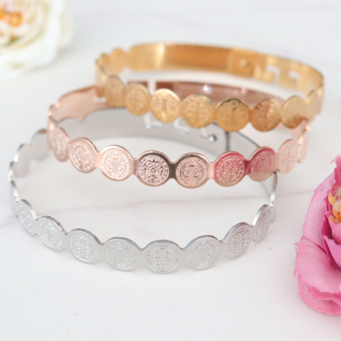 Pulsera de acero inoxidable con medalla de San Benito, pulsera con cruz de Benedicto, pulsera de Medjugorje, pulsera SIGNET BRACALET San Benito