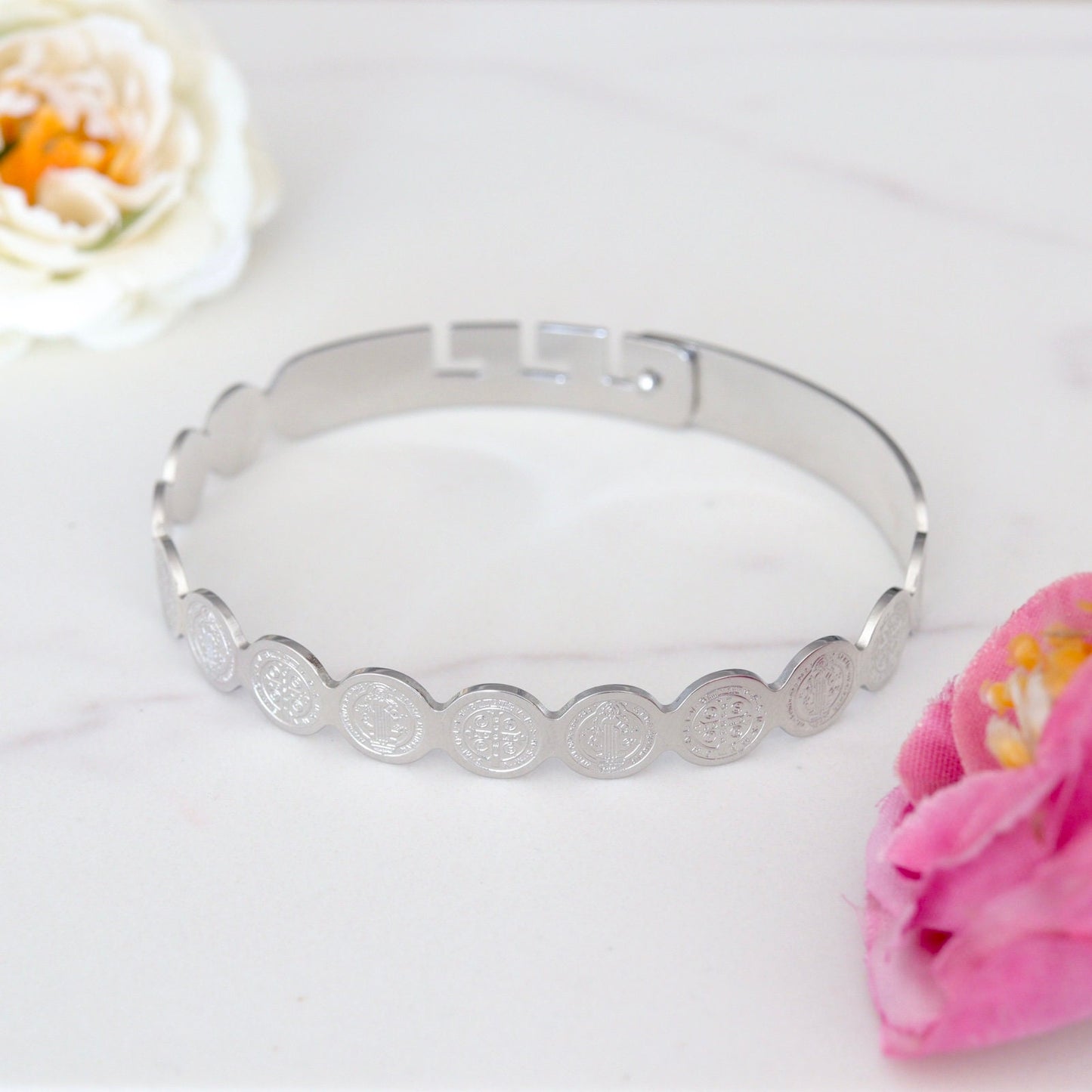 Pulsera de acero inoxidable con medalla de San Benito, pulsera con cruz de Benedicto, pulsera de Medjugorje, pulsera SIGNET BRACALET San Benito