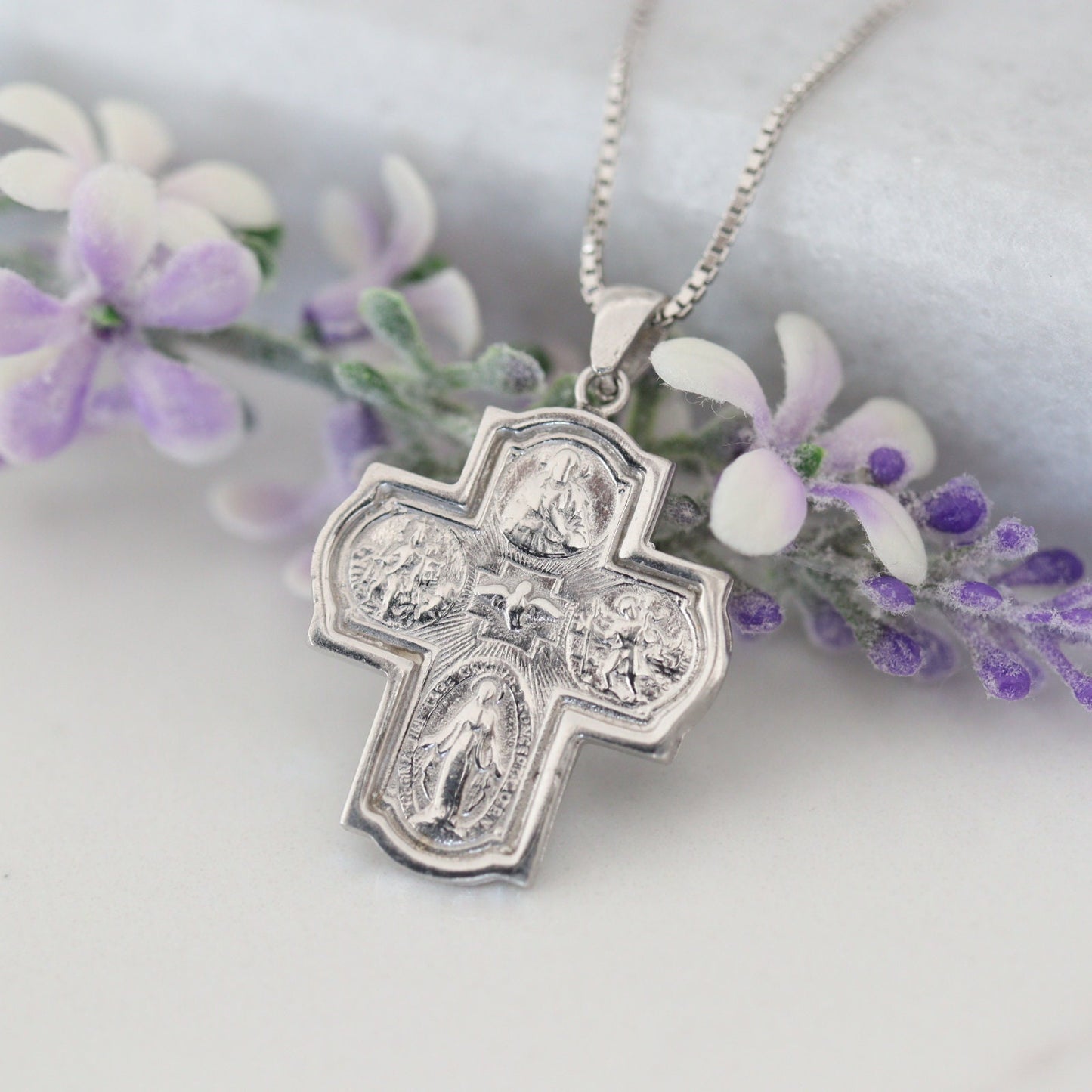 Cruz vintage de cuatro vías de plata de ley, cruz de 4 vías, Cruz escapularia, Espíritu Santo, Medalla Milagrosa, Sagrado Corazón de Jesús, San Cristóbal