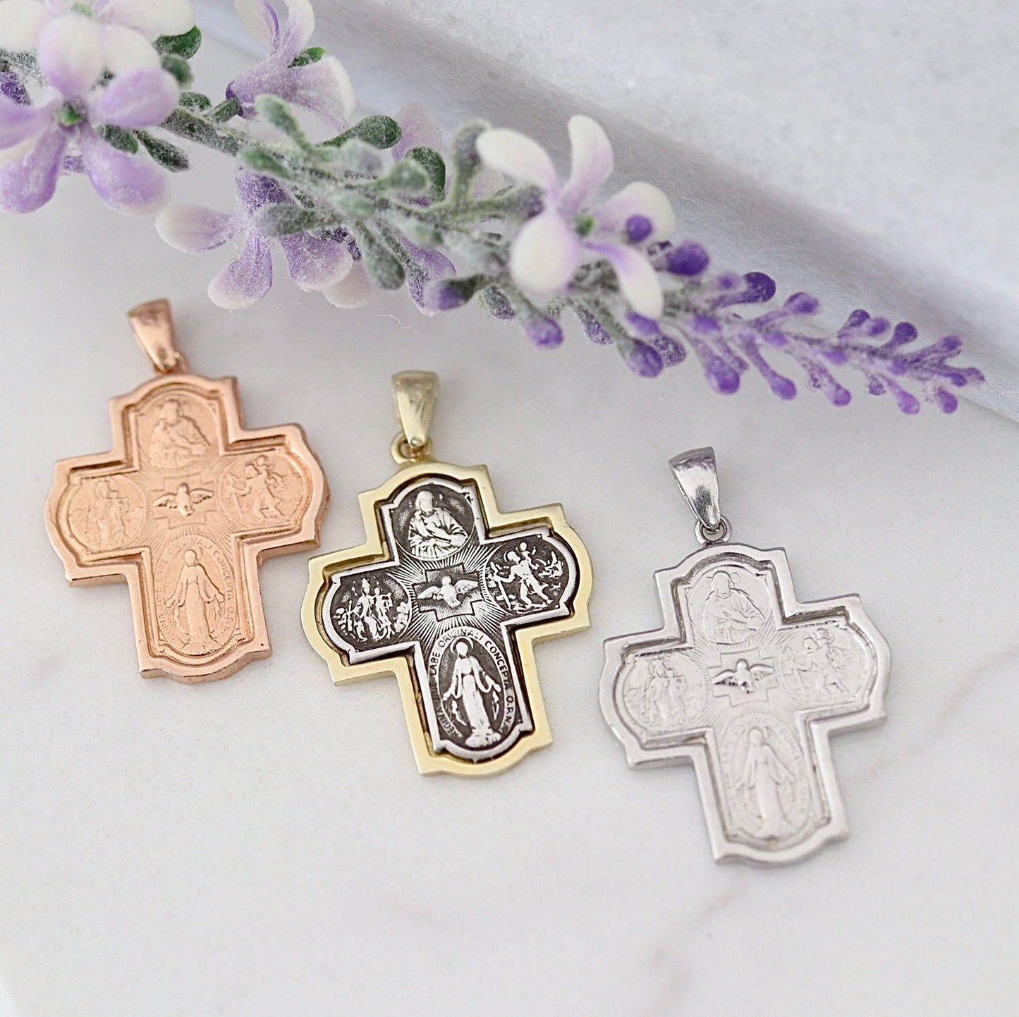 Cruz vintage de cuatro vías de plata de ley, cruz de 4 vías, Cruz escapularia, Espíritu Santo, Medalla Milagrosa, Sagrado Corazón de Jesús, San Cristóbal