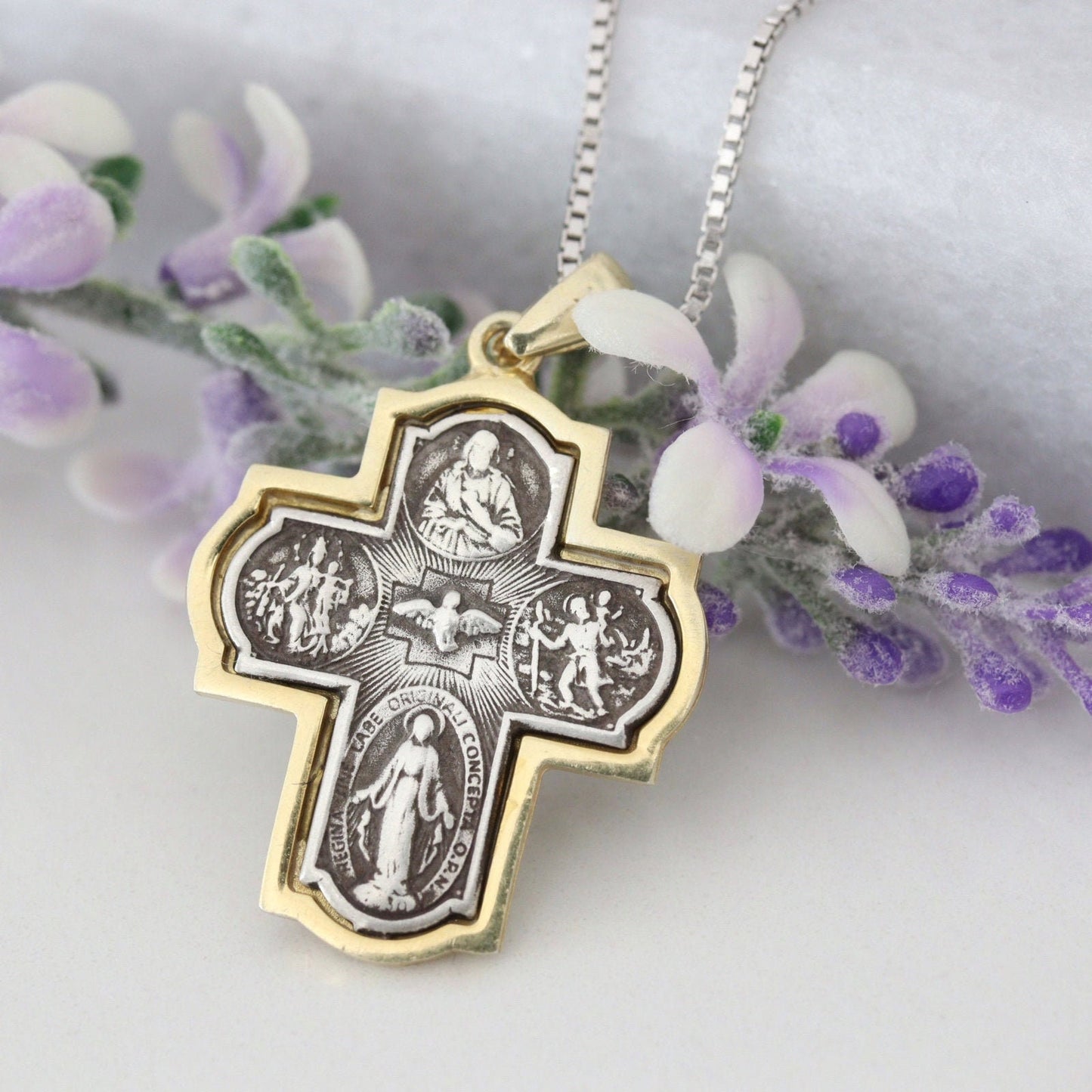 Cruz vintage de cuatro vías de plata de ley, cruz de 4 vías, Cruz escapularia, Espíritu Santo, Medalla Milagrosa, Sagrado Corazón de Jesús, San Cristóbal