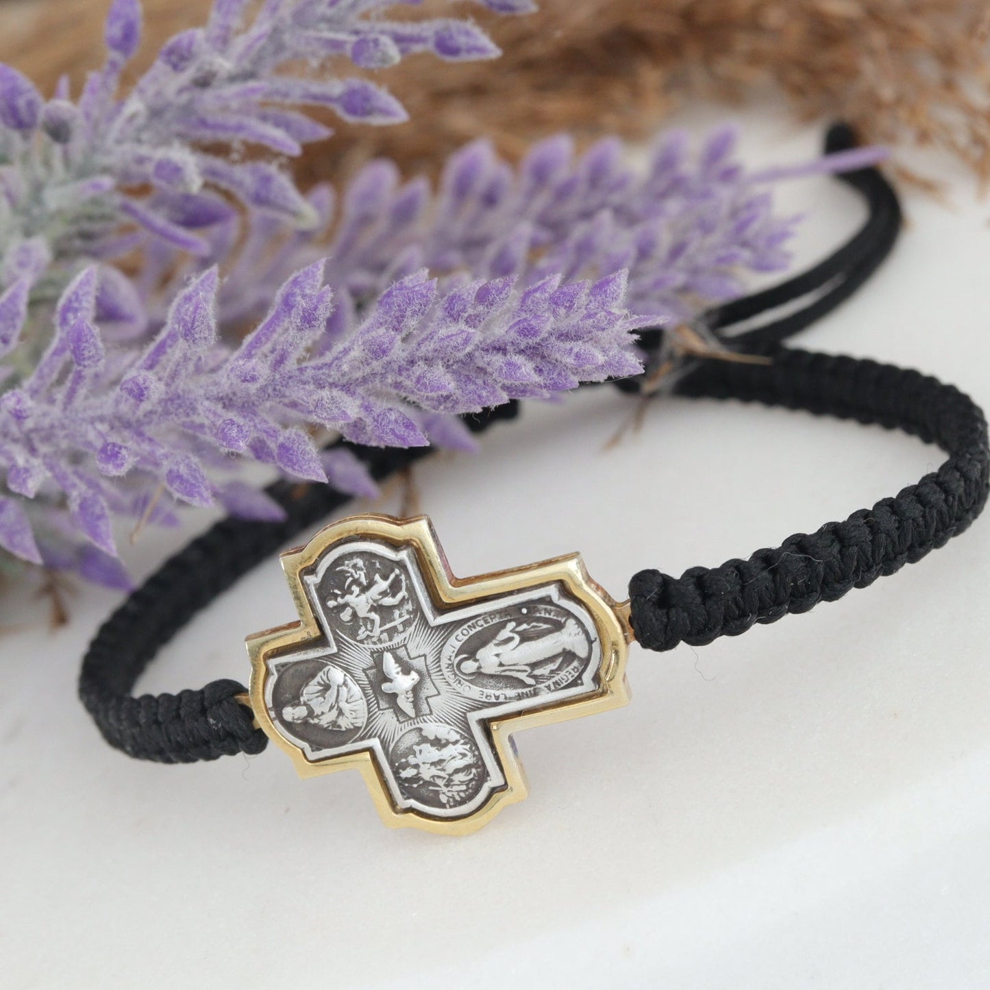 pulsera cruzada de cuatro vías de plata de primera ley con cordón de macramé, pulsera cruzada escapularia de oro plateado con cordón tejido, cruz medjugorje