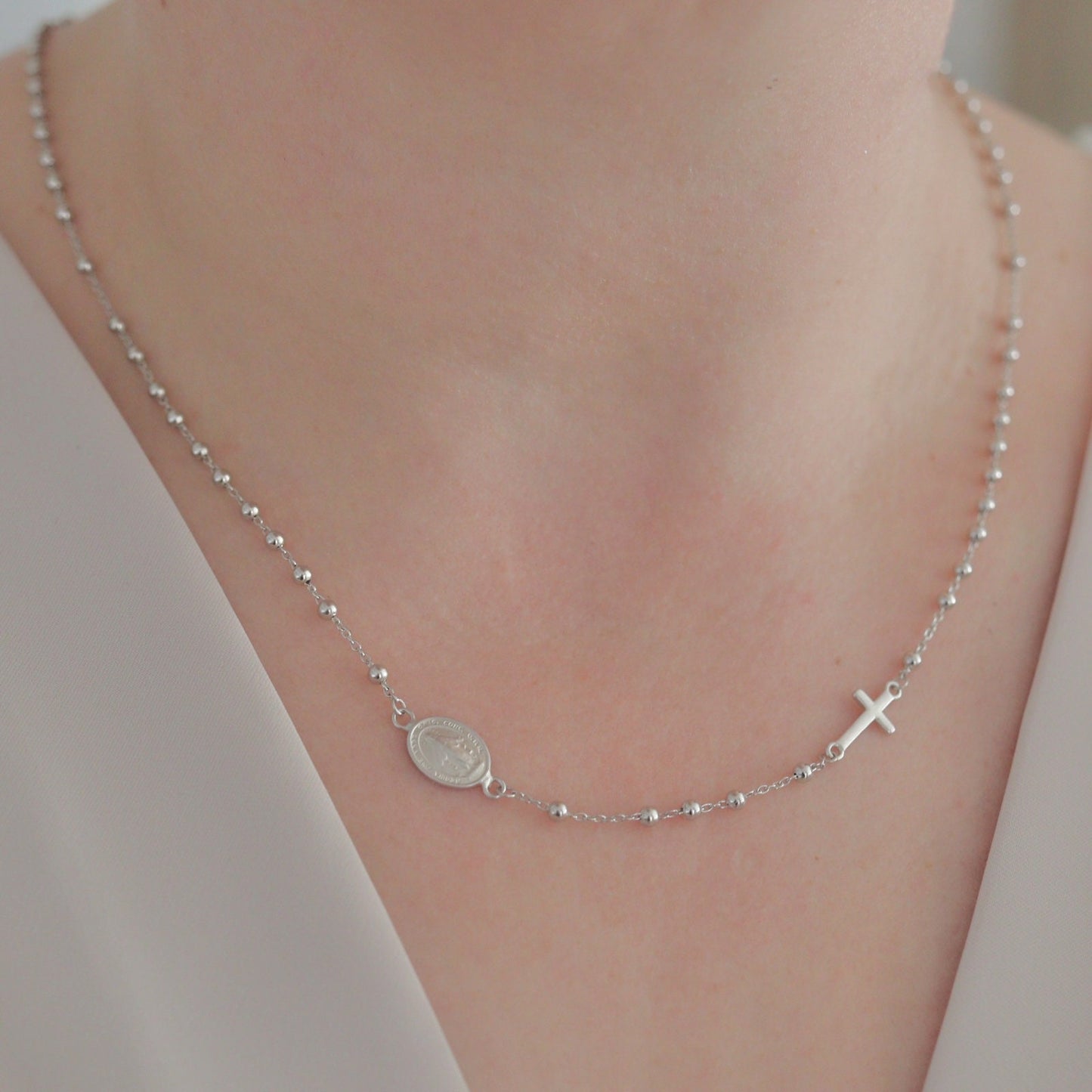 Collar de rosario con cuentas para mujer, collar de cuentas de plata de ley 925 con dije de Medalla Milagrosa, collar de rosario de Nuestra Señora de tamaño ajustable