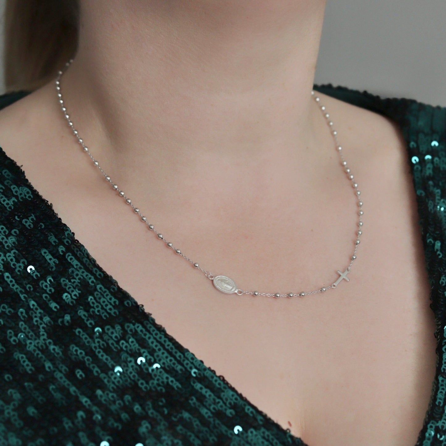 Collar de rosario con cuentas para mujer, collar de cuentas de plata de ley 925 con dije de Medalla Milagrosa, collar de rosario de Nuestra Señora de tamaño ajustable