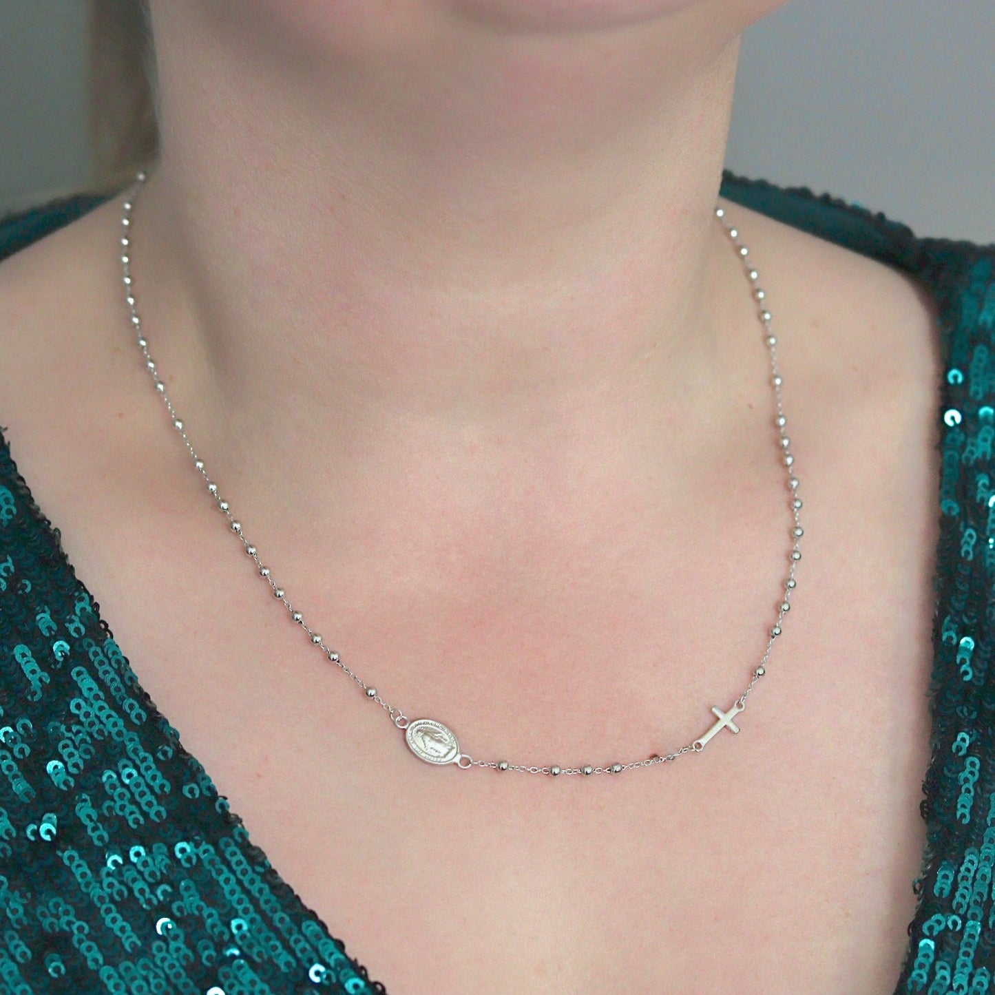 Collar de rosario con cuentas para mujer, collar de cuentas de plata de ley 925 con dije de Medalla Milagrosa, collar de rosario de Nuestra Señora de tamaño ajustable