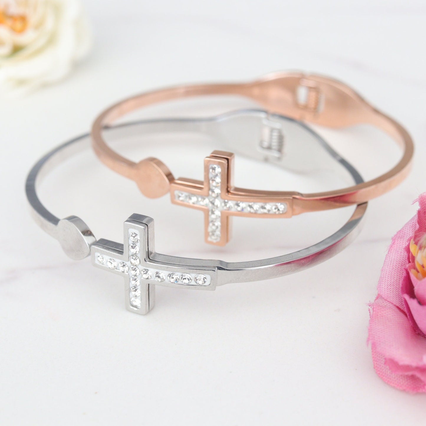 Pulsera de esclava cruzada de acero inoxidable, pulsera de circonita cúbica cruzada, pulsera del Sagrado Corazón de Jesucristo, pulsera católica con cruz